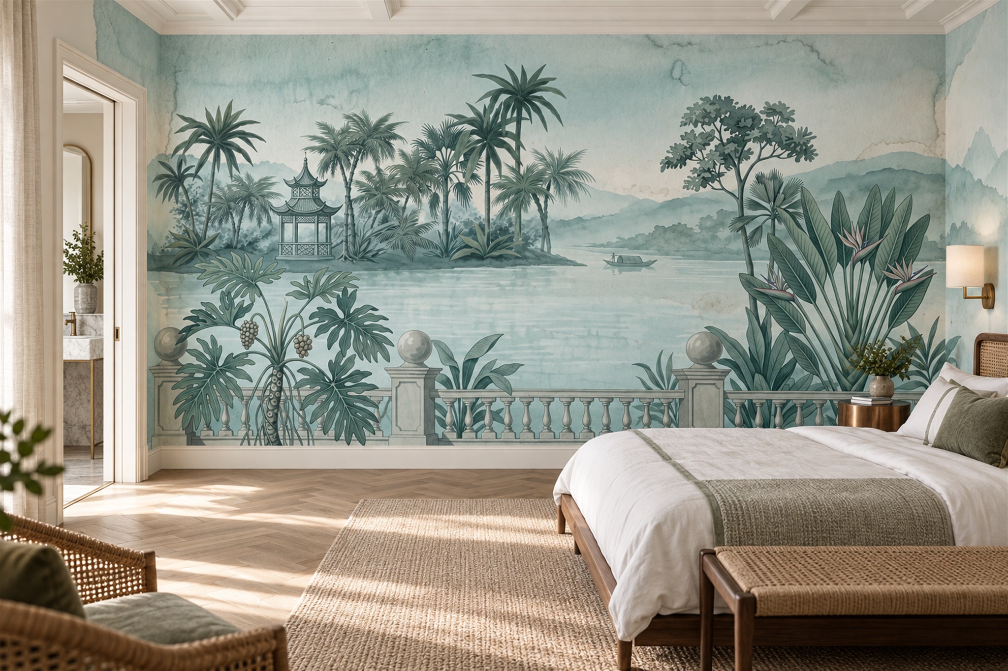 Aqua Pattern Decorative Layered Wallpaper Mural Bedroom-wallpaper-murals, Peel-and-stick Finish