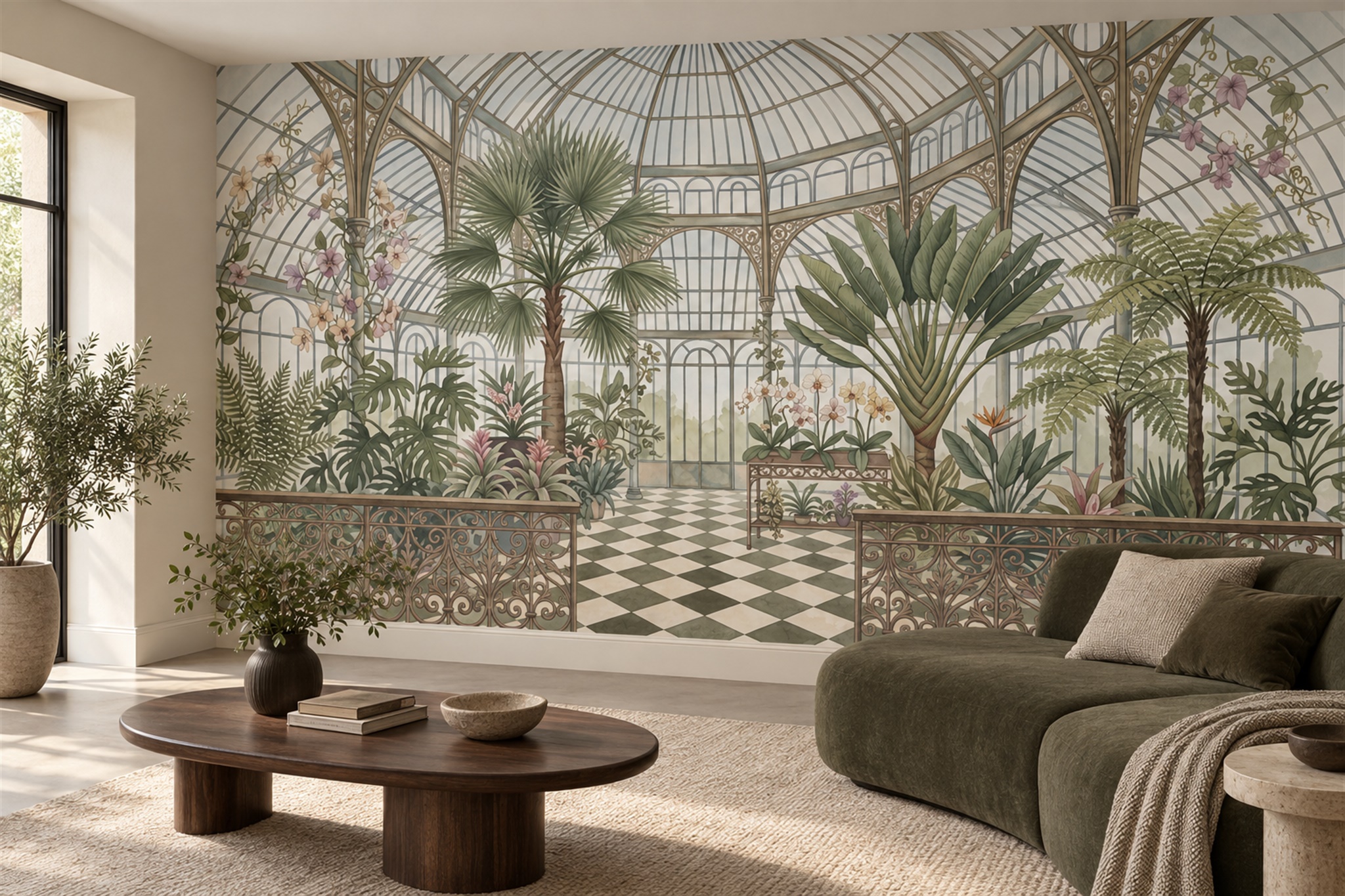 Glass Conservatory With Tropical Plants Wallpaper Mural — Wallpaper Mural Design, Peel-and-stick Finish