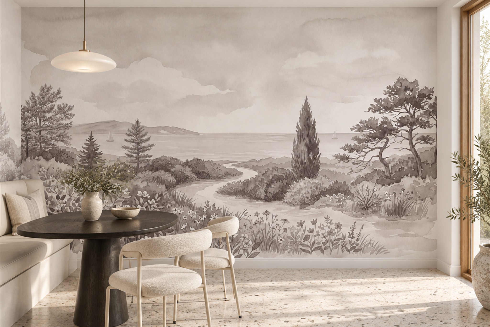 Taupe Coastal Scenic Decorative Wallpaper Mural Dining-room-wallpaper-murals, Shown In A Dining Room, Peel-and-stick Finish