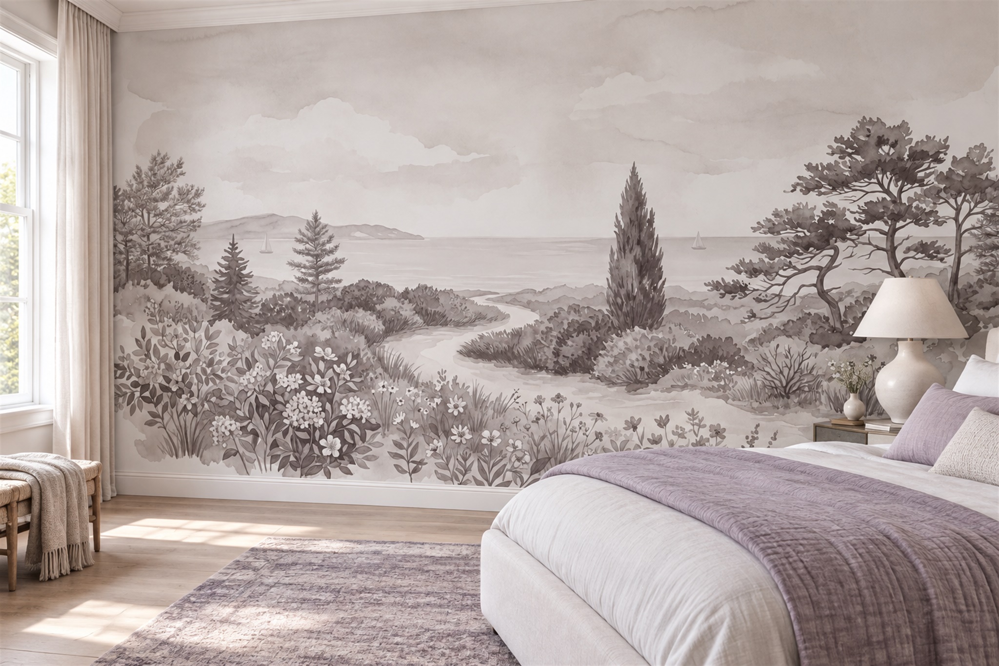 Taupe Coastal Scenic Decorative Wallpaper Mural Bedroom-wallpaper-murals, Peel-and-stick Finish