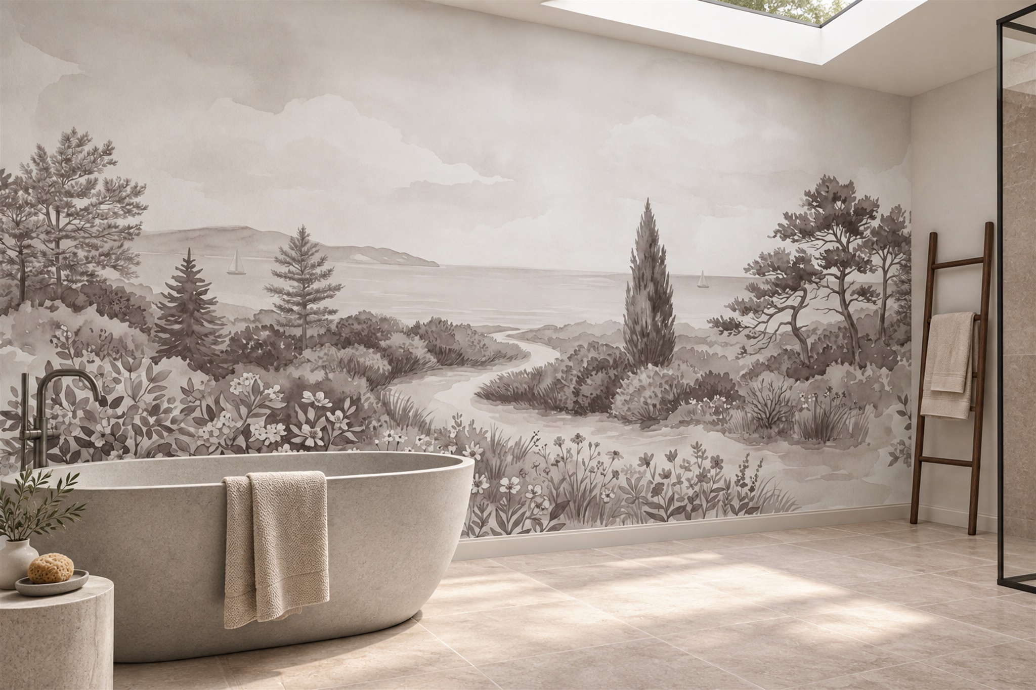 Taupe Coastal Scenic Decorative Wallpaper Mural Bedroom-wallpaper-murals, Peel-and-stick Finish