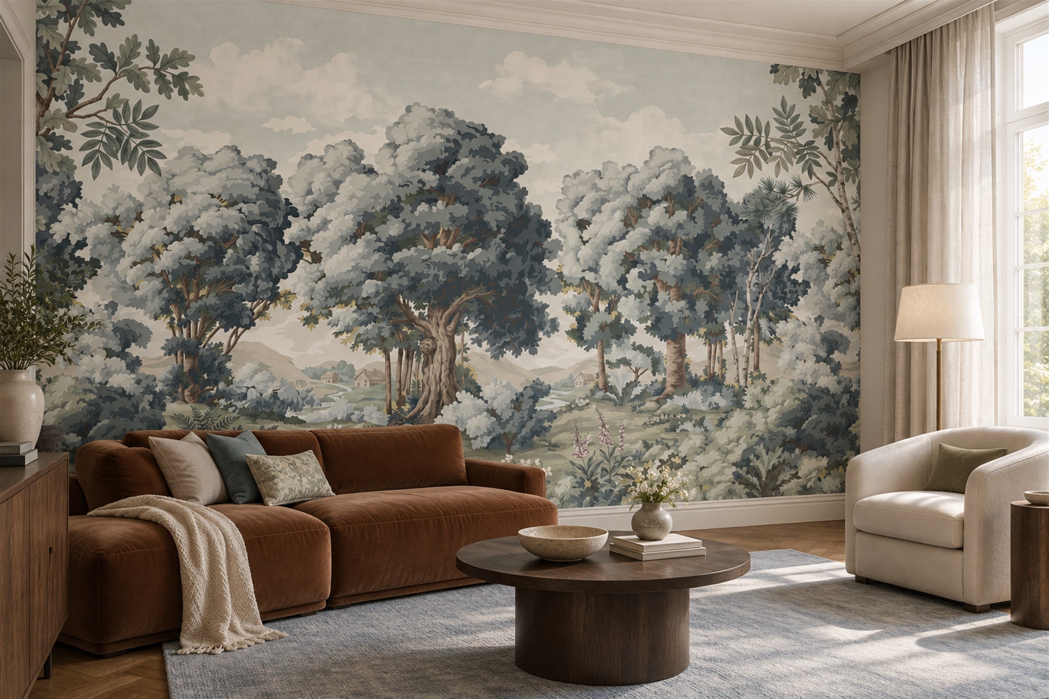 Blue Trees Scenic Wallpaper Mural Living-room-wallpaper-murals, Shown In A Living Room, Peel-and-stick Finish