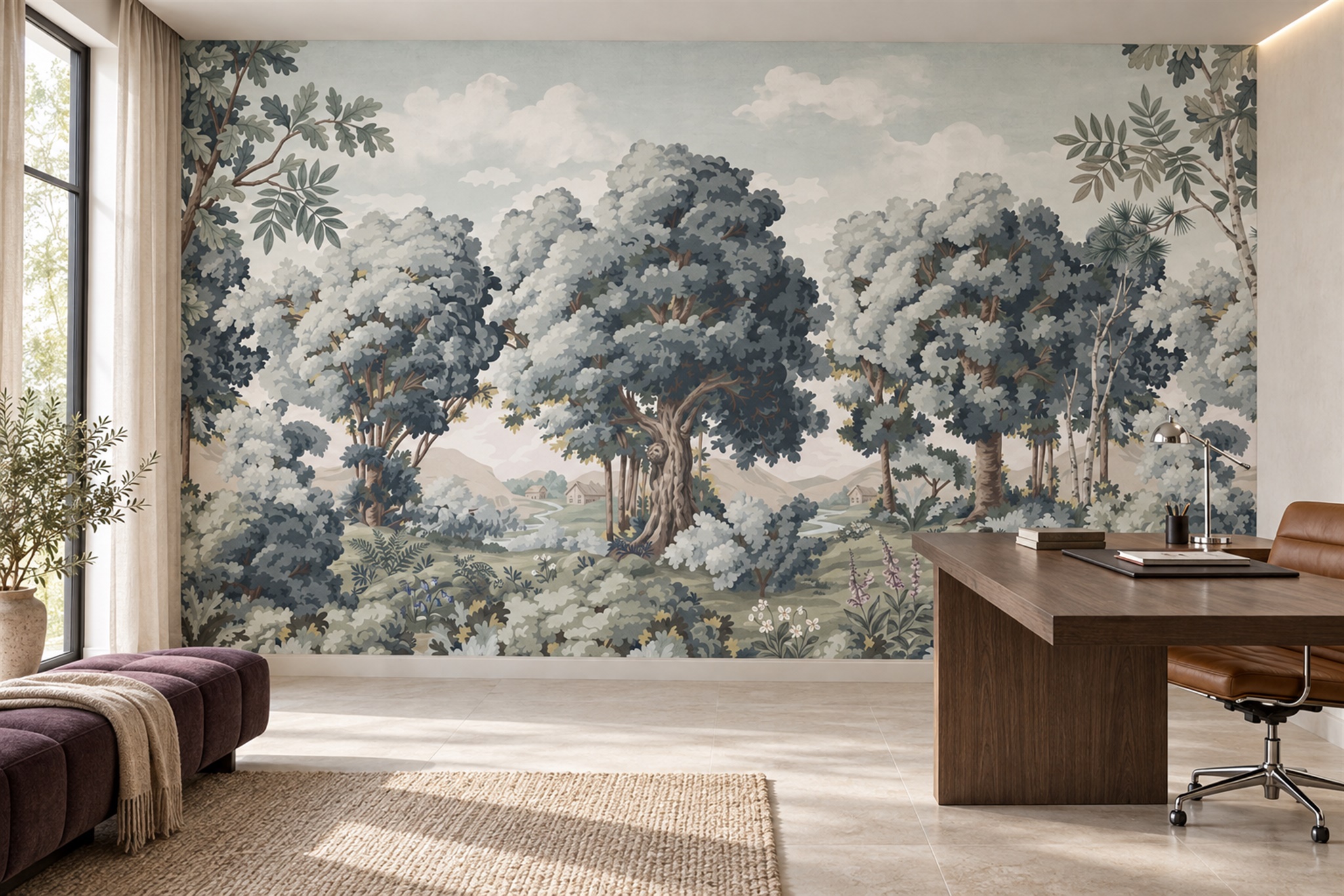 Blue Trees Scenic Wallpaper Mural Home-office-wallpaper-murals, Peel-and-stick Finish