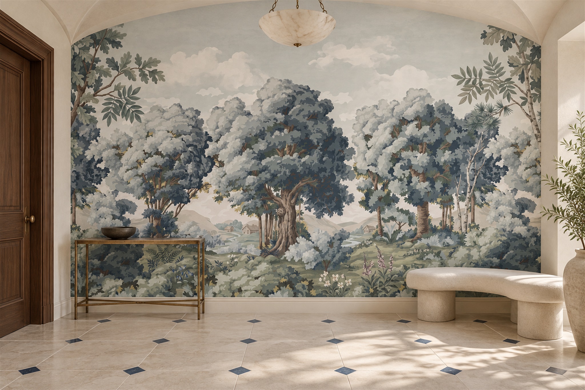 Blue Trees Scenic Wallpaper Mural Home-office-wallpaper-murals, Peel-and-stick Finish