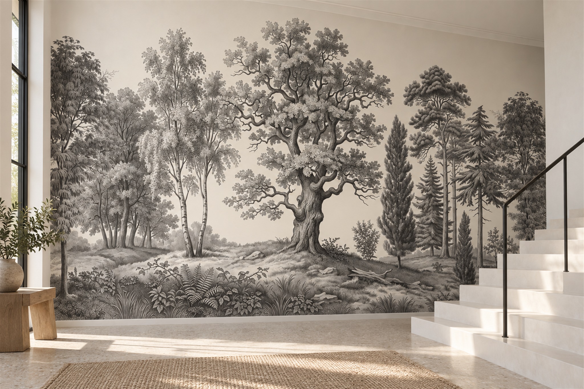 Grey Woodland Scenic Wallpaper Mural Accent-wall-wallpaper-murals, Peel-and-stick Finish