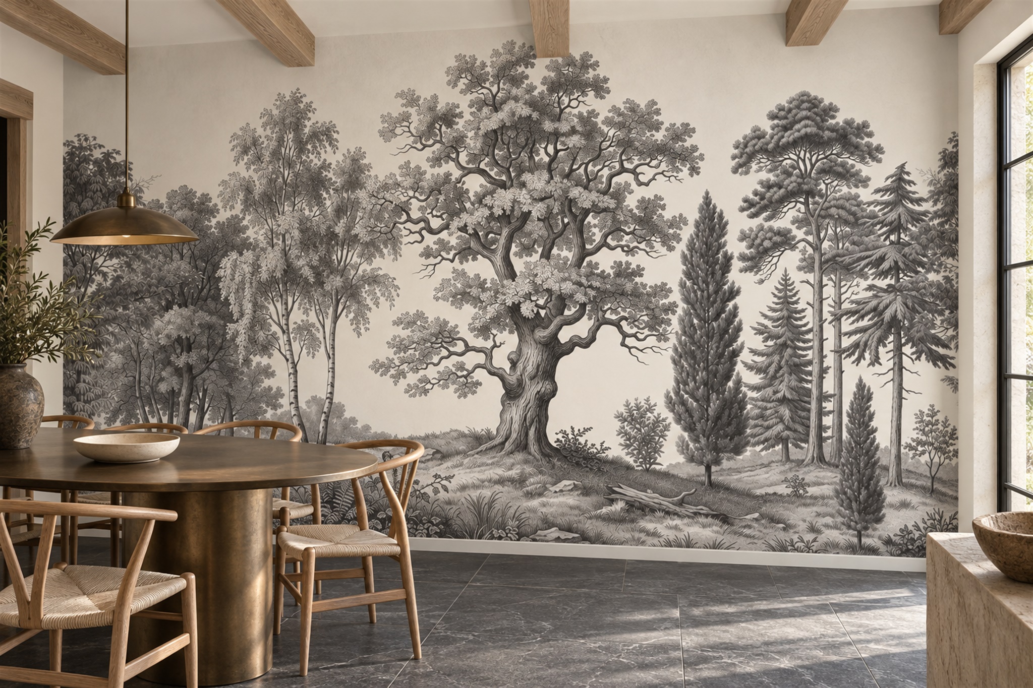 Monochrome Ancient Oak And Mixed Woodland Wallpaper Mural — Wallpaper Mural Design, Peel-and-stick Finish
