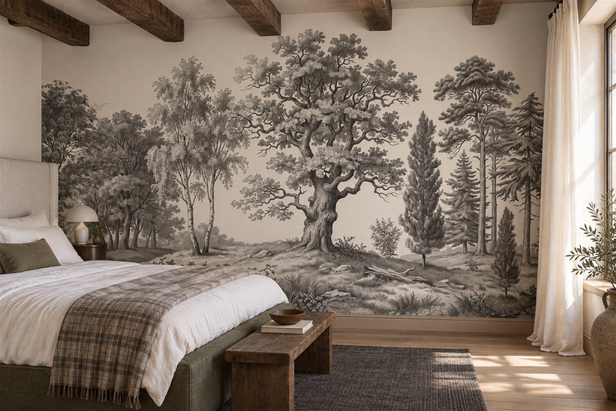 Grey Woodland Scenic Wallpaper Mural Dining-room-wallpaper-murals, Peel-and-stick Finish
