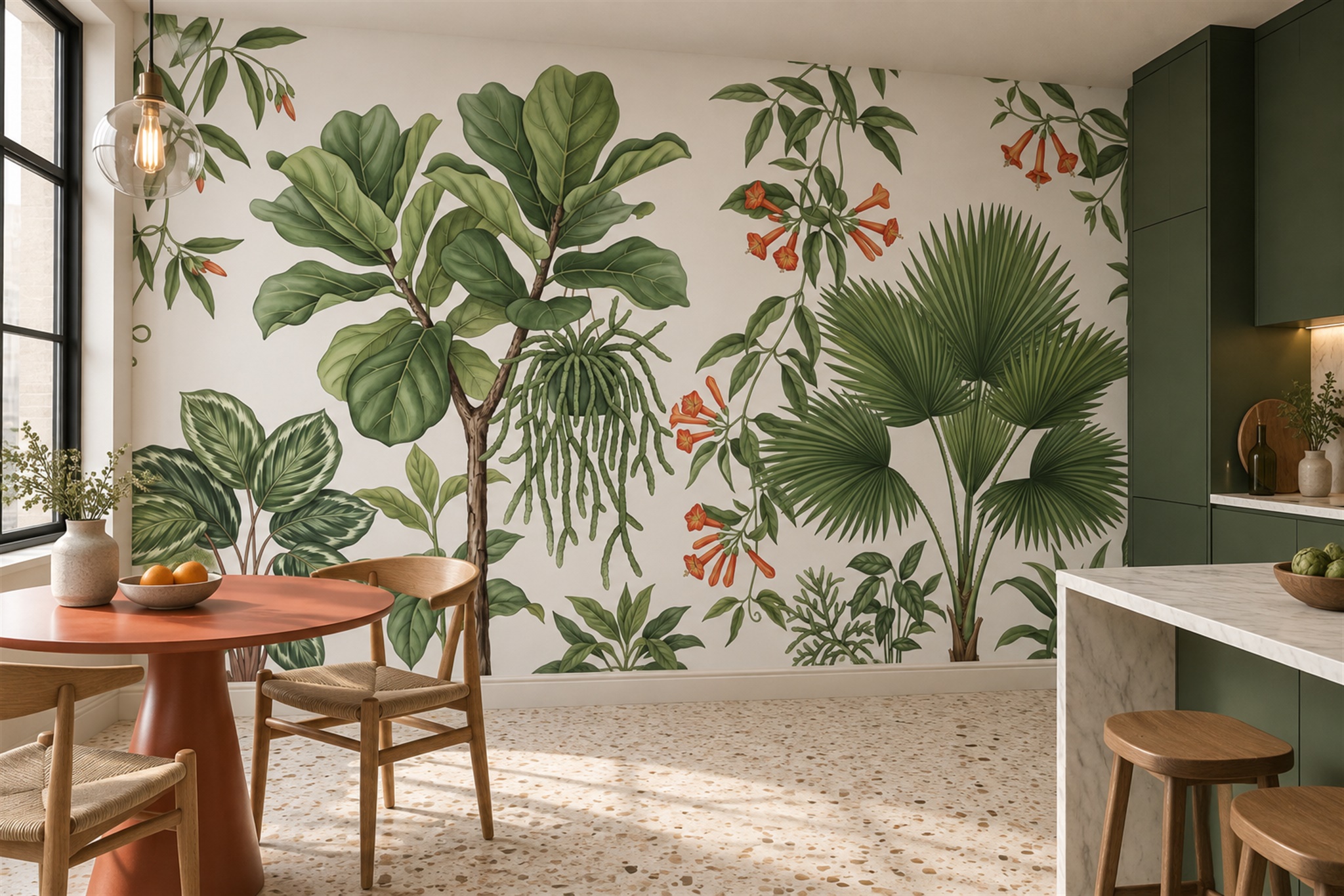 Green Leaf Botanical Wallpaper Mural Dining-room-wallpaper-murals, Shown In A Dining Room, Peel-and-stick Finish