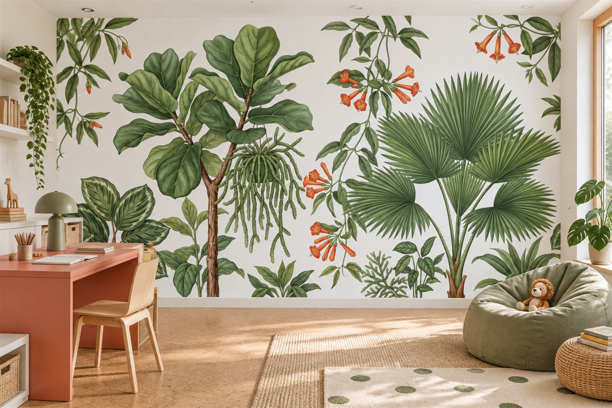 Green Leaf Botanical Wallpaper Mural Accent-wall-wallpaper-murals, Peel-and-stick Finish