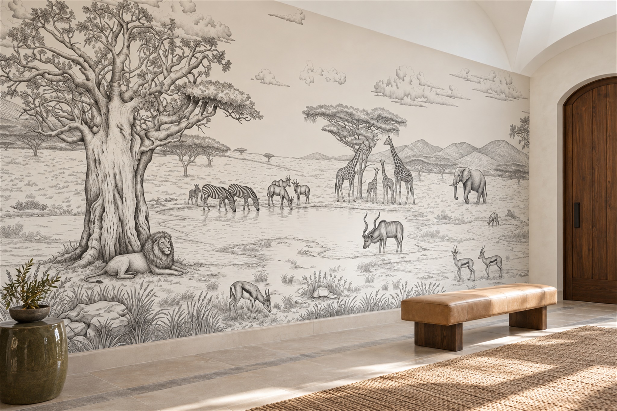 Grey Toile Artful Wallpaper Mural Living-room-wallpaper-murals, Shown In A Living Room, Peel-and-stick Finish