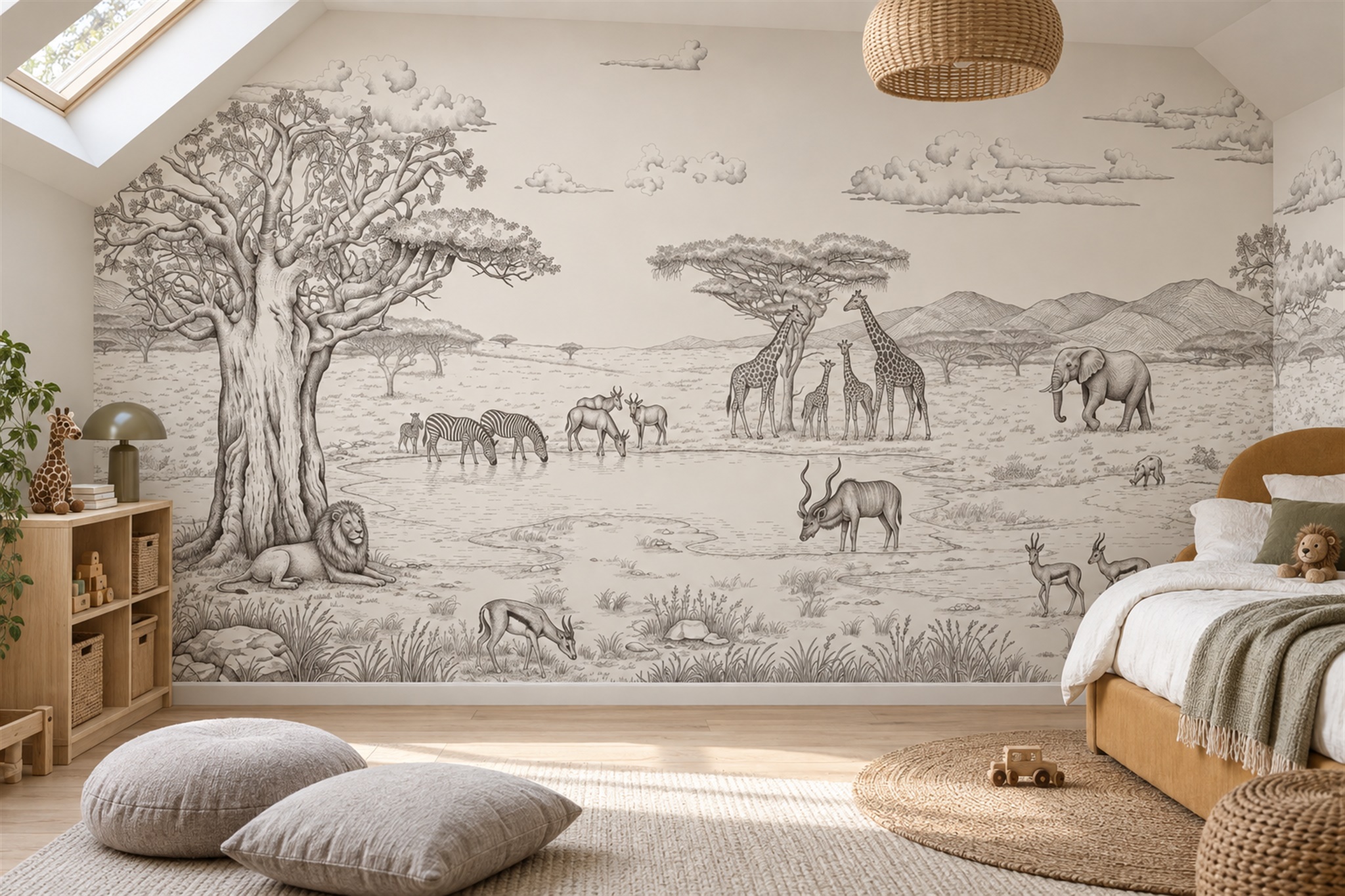 Grey Toile Artful Wallpaper Mural Home-office-wallpaper-murals, Peel-and-stick Finish