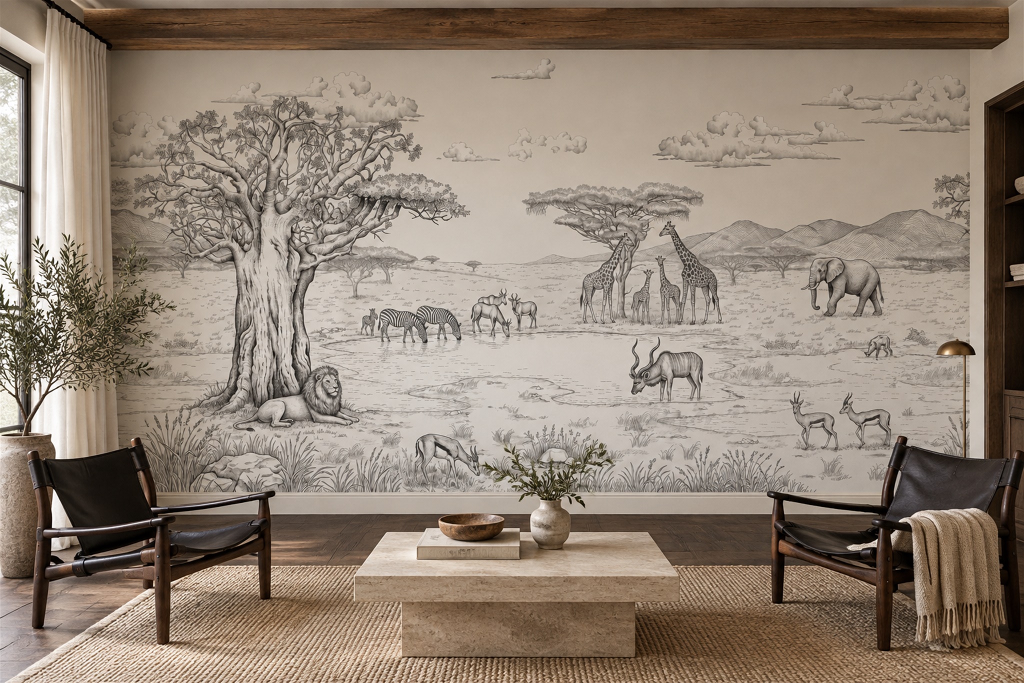 Grey Safari Wildlife Toile Wallpaper Mural — Wallpaper Mural Design, Peel-and-stick Finish