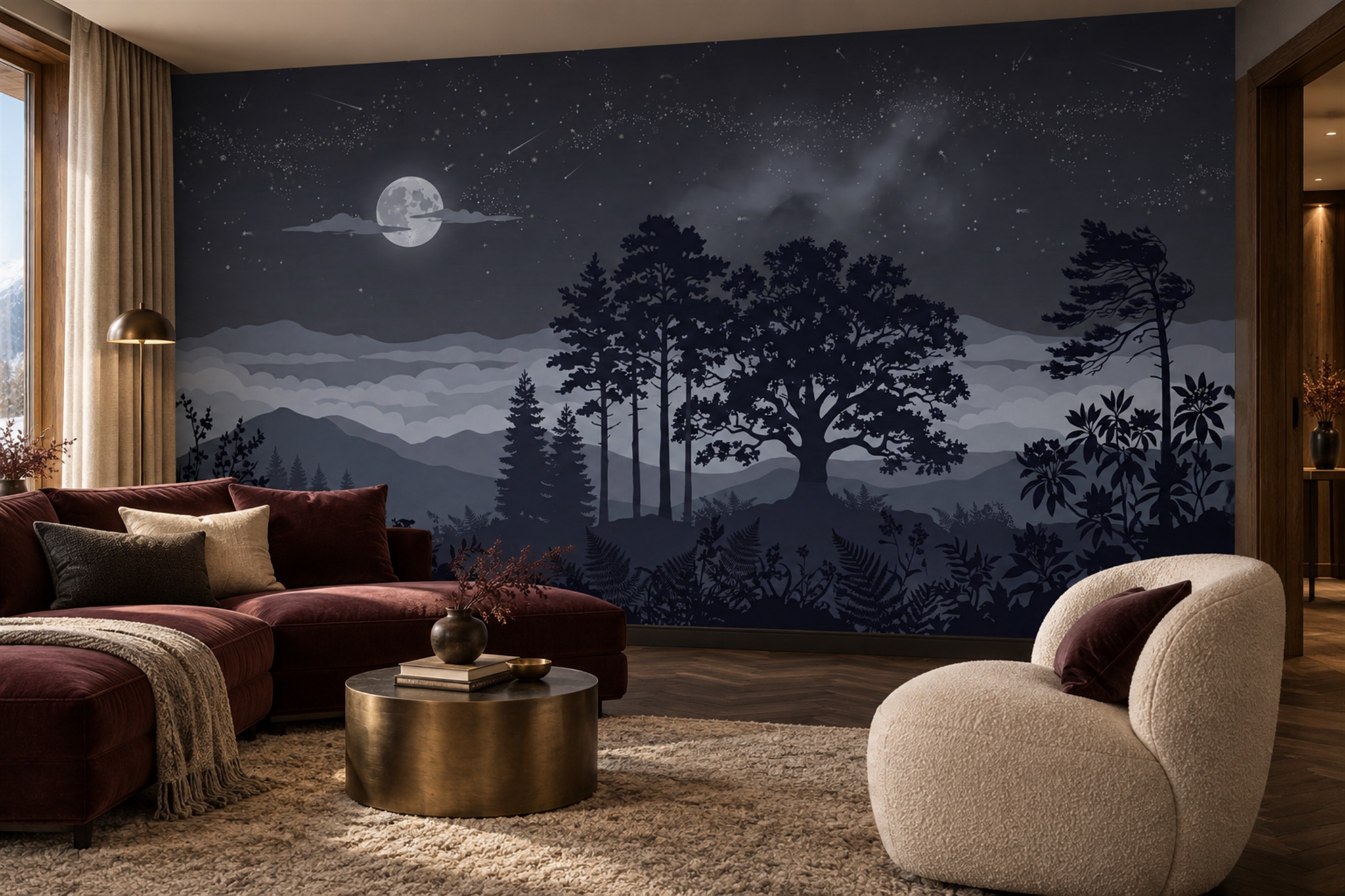 Navy Moonlit Pine Forest Wallpaper Mural — Wallpaper Mural Design, Peel-and-stick Finish