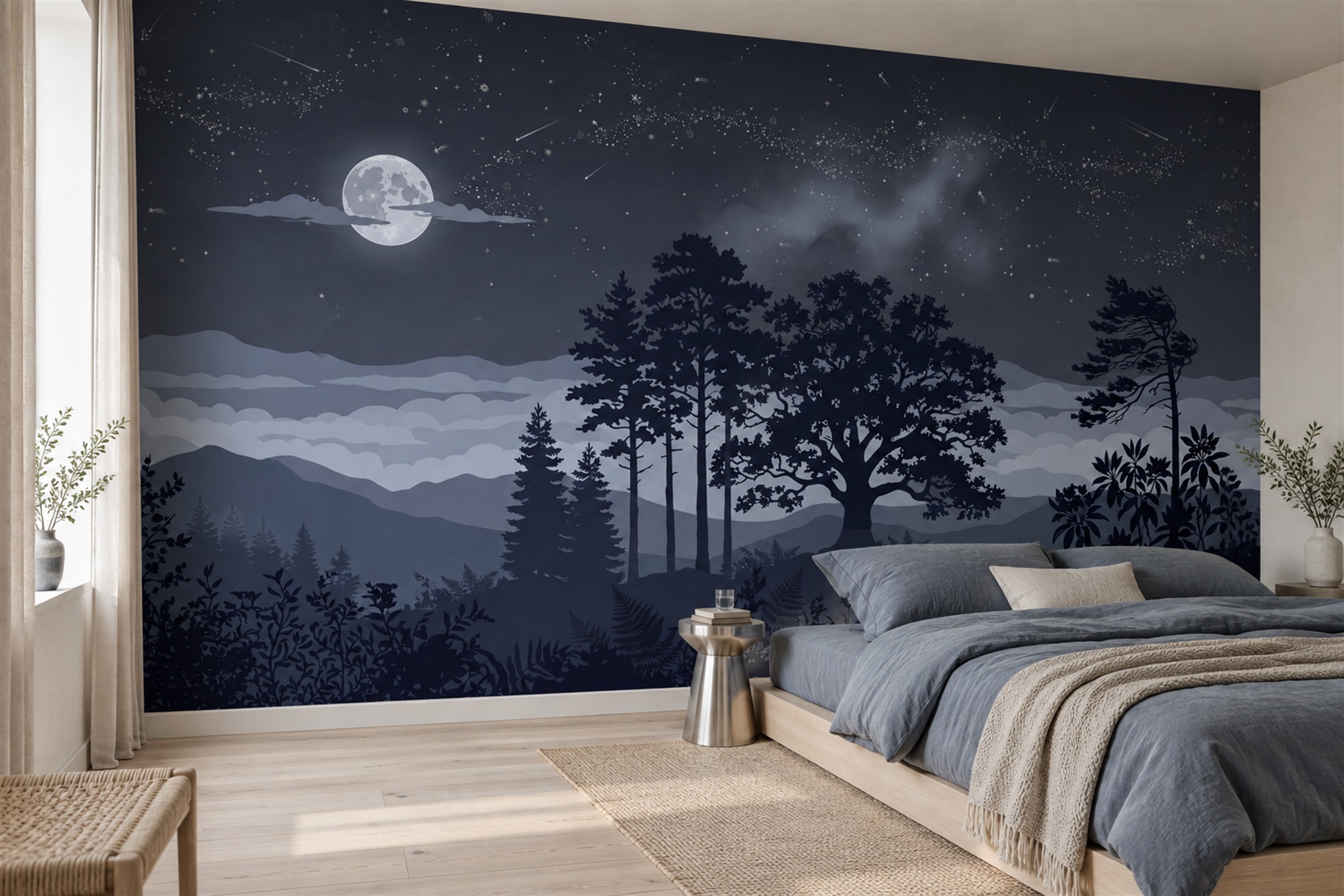 Navy Pattern Decorative Atmospheric Wallpaper Mural Bedroom-wallpaper-murals, Peel-and-stick Finish
