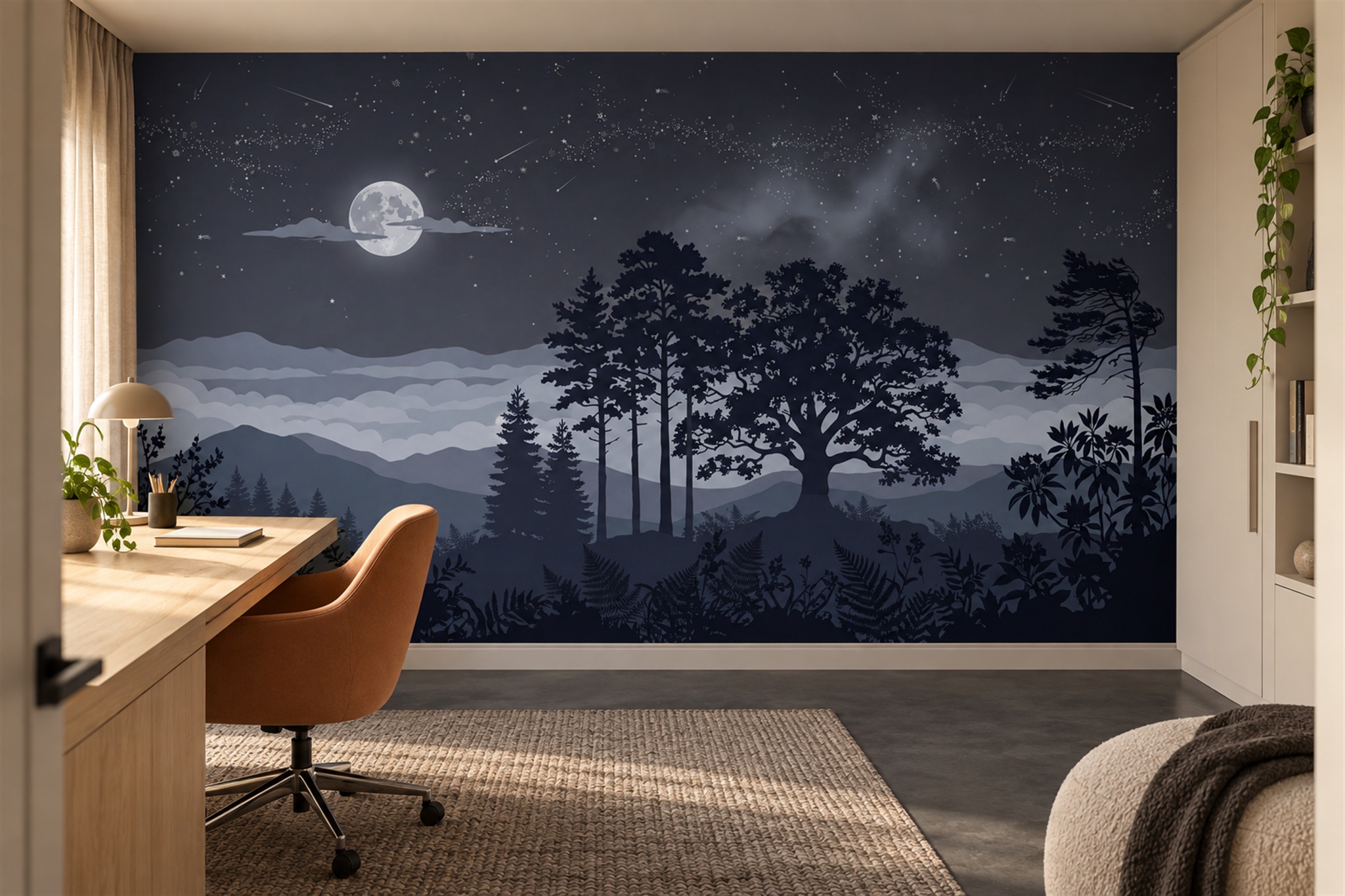 Navy Pattern Decorative Atmospheric Wallpaper Mural Home-office-wallpaper-murals, Shown In A Home Office, Peel-and-stick Finish