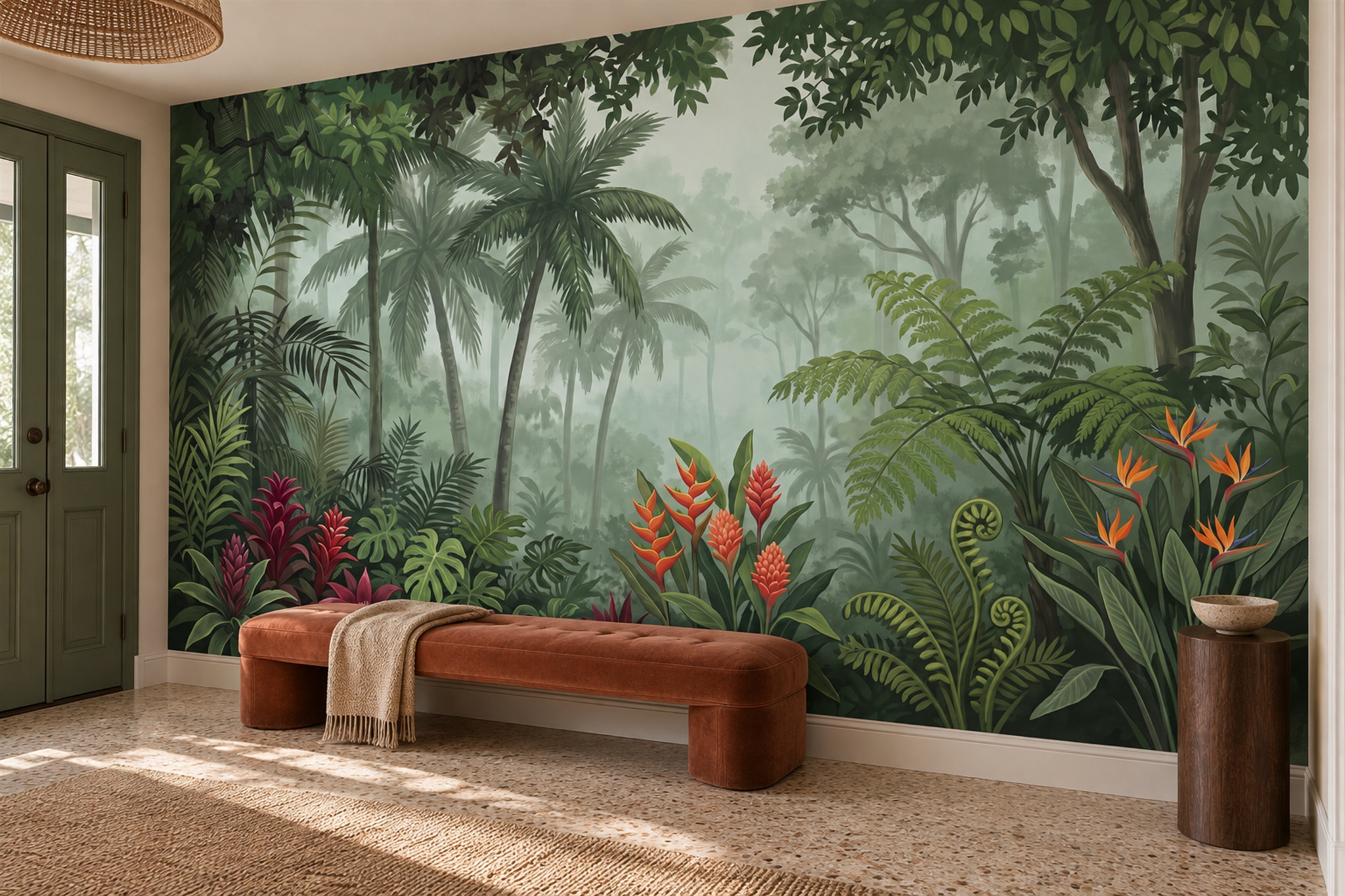 Green Tropical Jungle With Bird-of-paradise Blooms Wallpaper Mural — Installed Wallpaper Mural In A Entryway, Peel-and-stick Finish