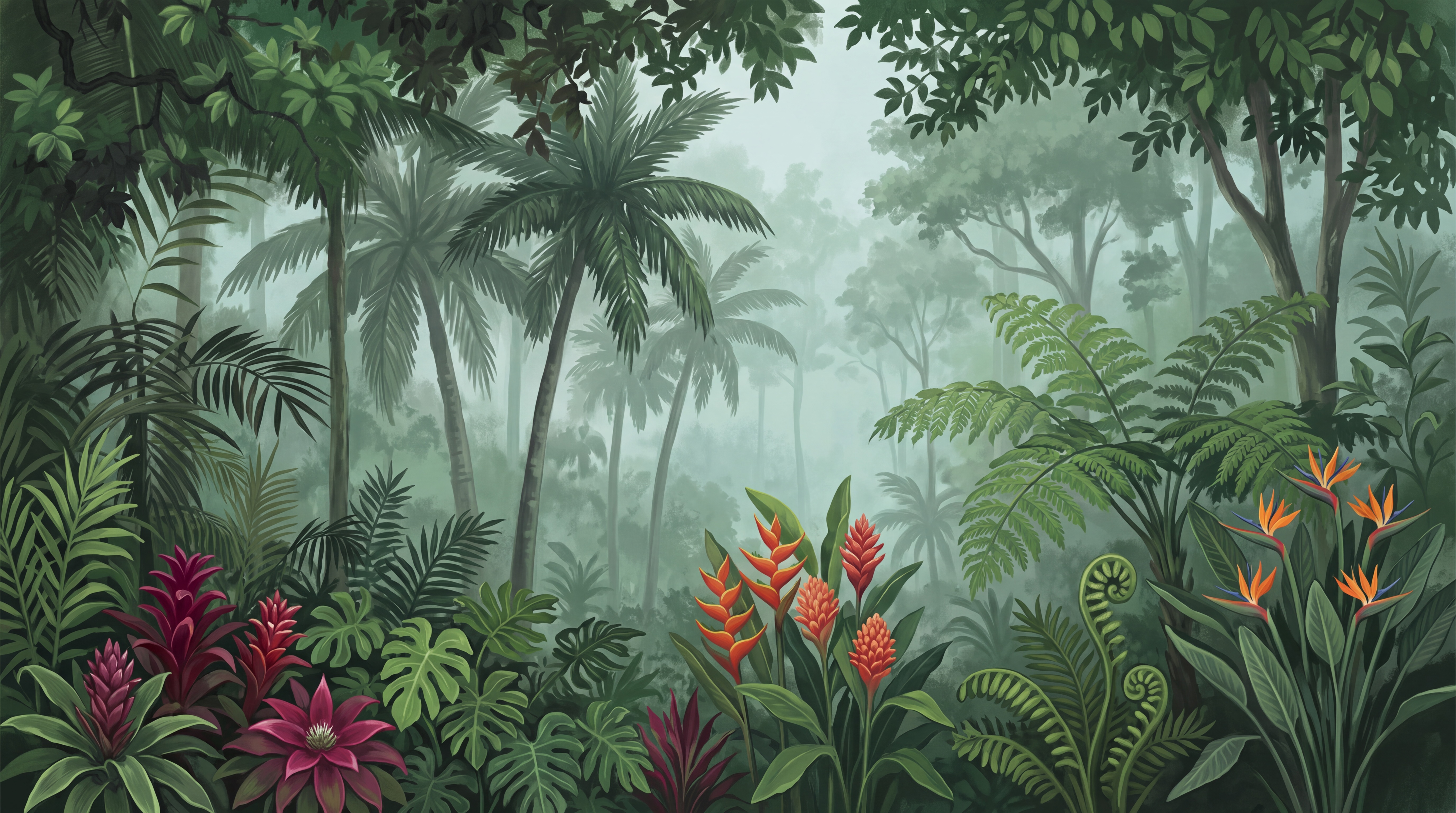 Green Tropical Artful Painterly Wallpaper Mural, Peel-and-stick Finish