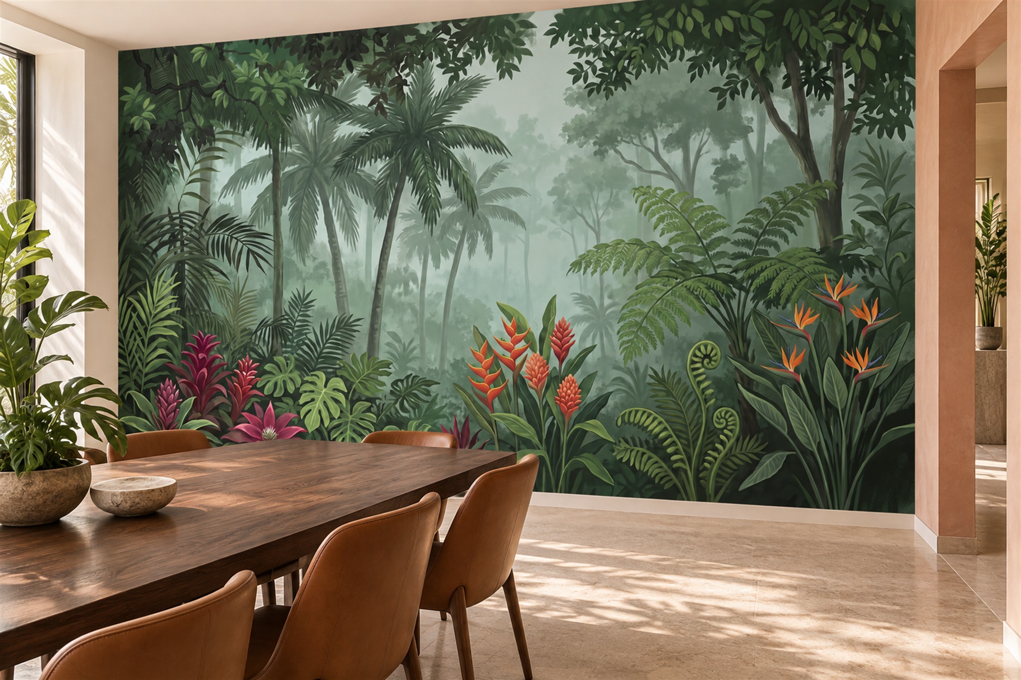 Green Tropical Artful Painterly Wallpaper Mural Dining-room-wallpaper-murals, Shown In A Dining Room, Peel-and-stick Finish