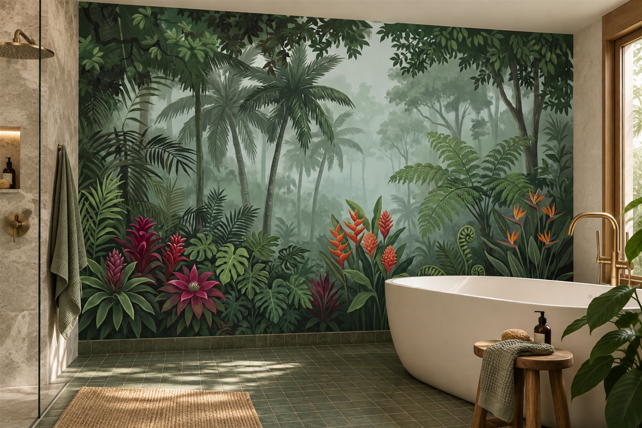 Green Tropical Artful Painterly Wallpaper Mural Bathroom-wallpaper-murals, Peel-and-stick Finish