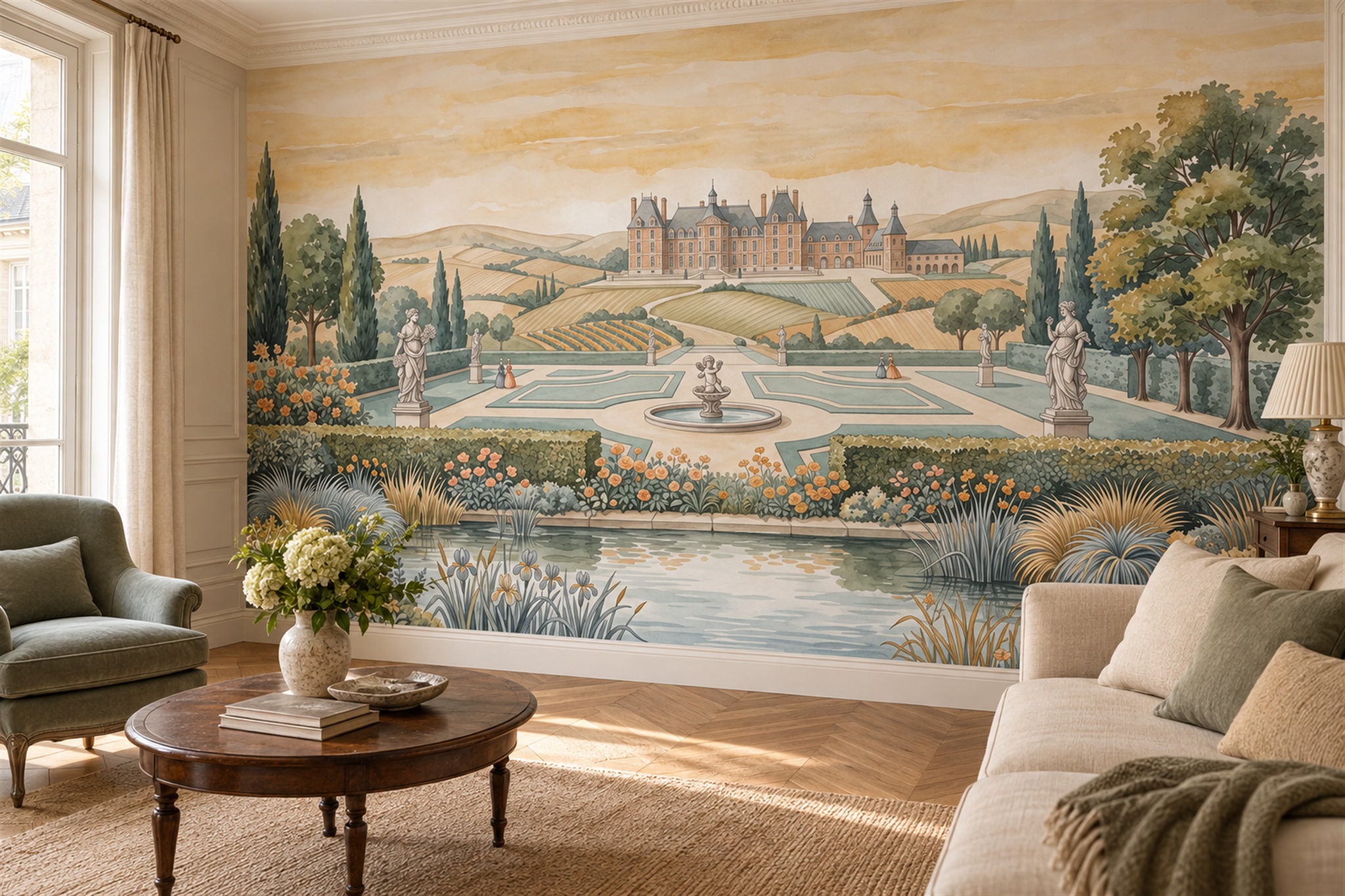 Watercolour Chateau And Formal Garden Wallpaper Mural — Wallpaper Mural Design, Peel-and-stick Finish