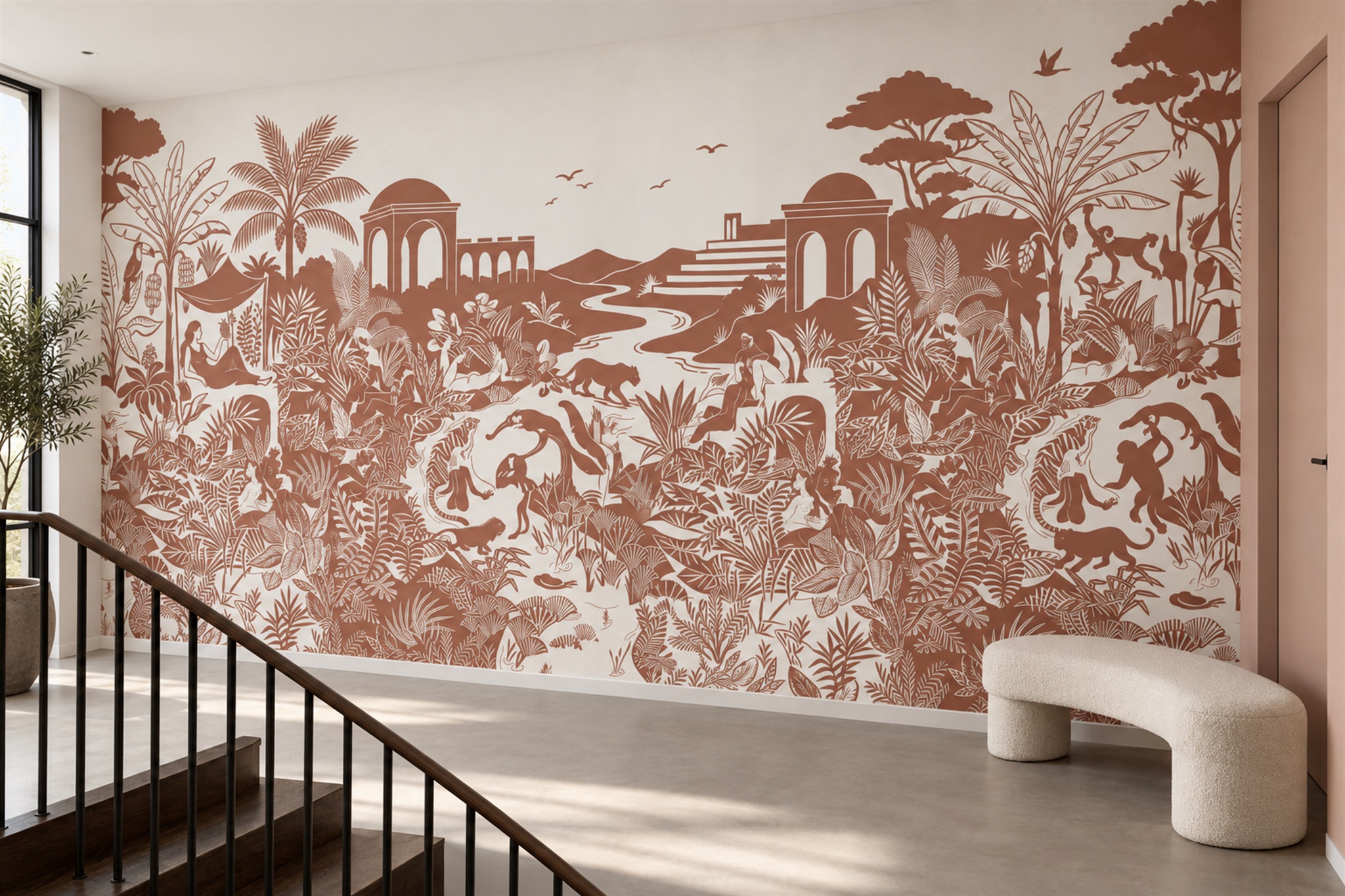 Clay Toile Artful Wallpaper Mural Hallway-wallpaper-murals, Peel-and-stick Finish