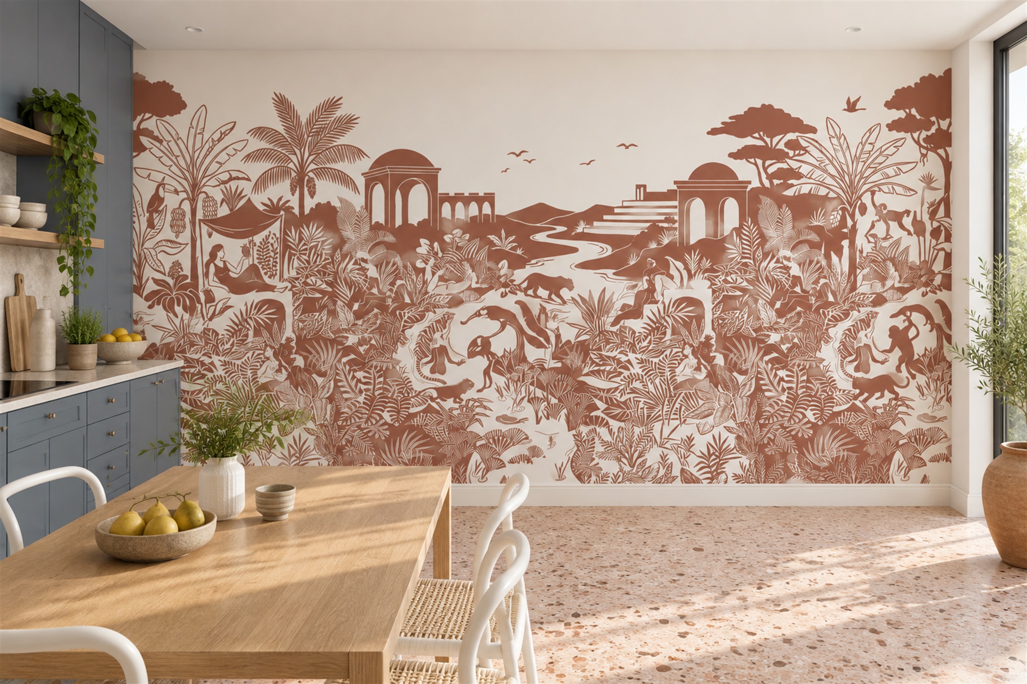 Clay Toile Artful Wallpaper Mural Dining-room-wallpaper-murals, Shown In A Dining Room, Peel-and-stick Finish