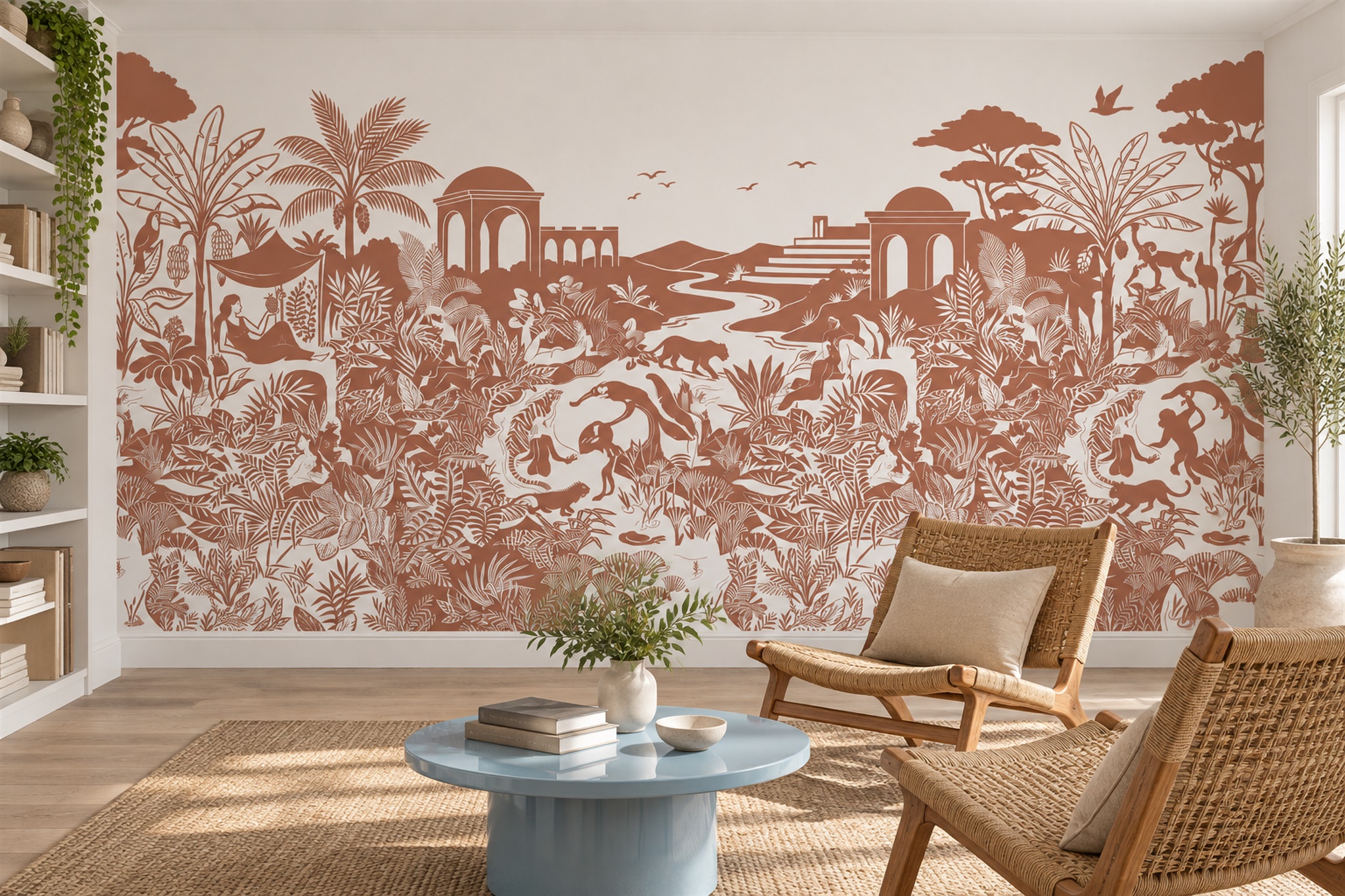 Terracotta Safari Toile Wildlife Landscape Wallpaper Mural — Wallpaper Mural Design, Peel-and-stick Finish