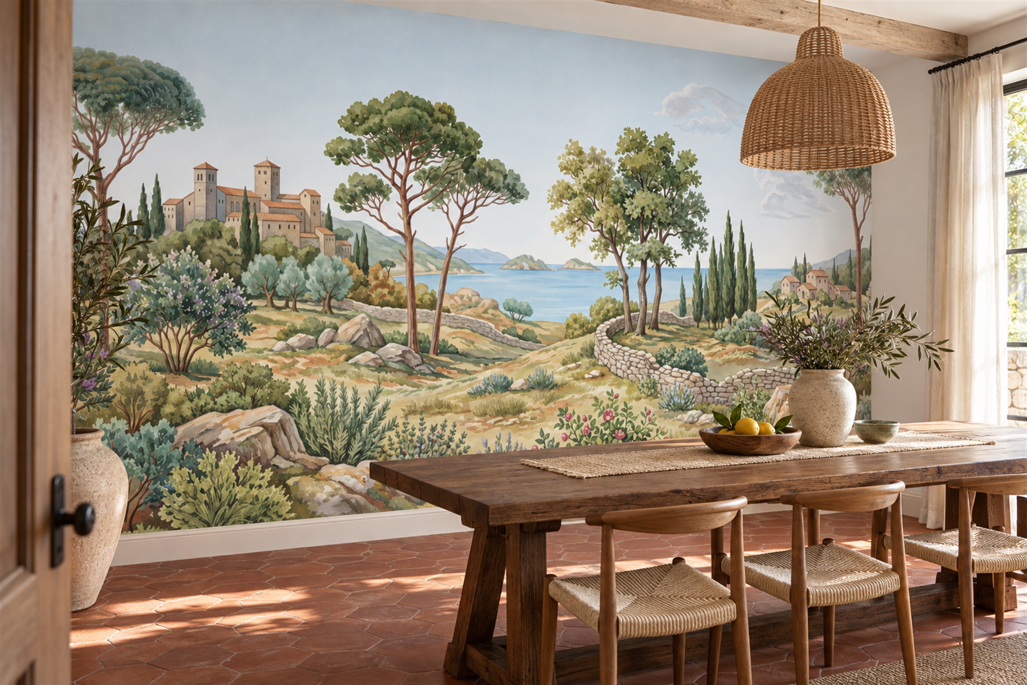 Green Coastal Scenic Wallpaper Mural Dining-room-wallpaper-murals, Shown In A Dining Room, Peel-and-stick Finish