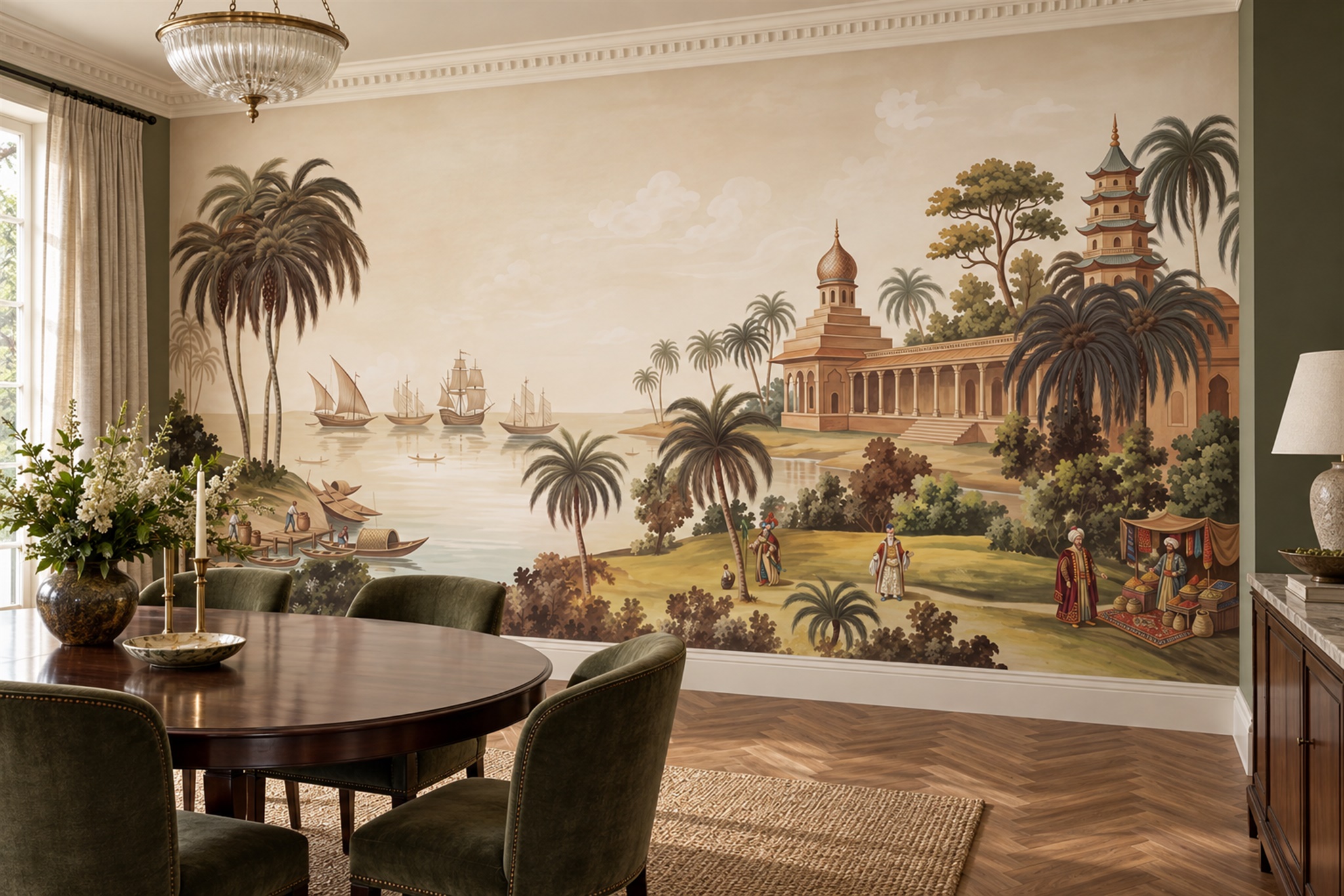 Sepia Palace Scenic Decorative Wallpaper Mural Dining-room-wallpaper-murals, Shown In A Dining Room, Peel-and-stick Finish