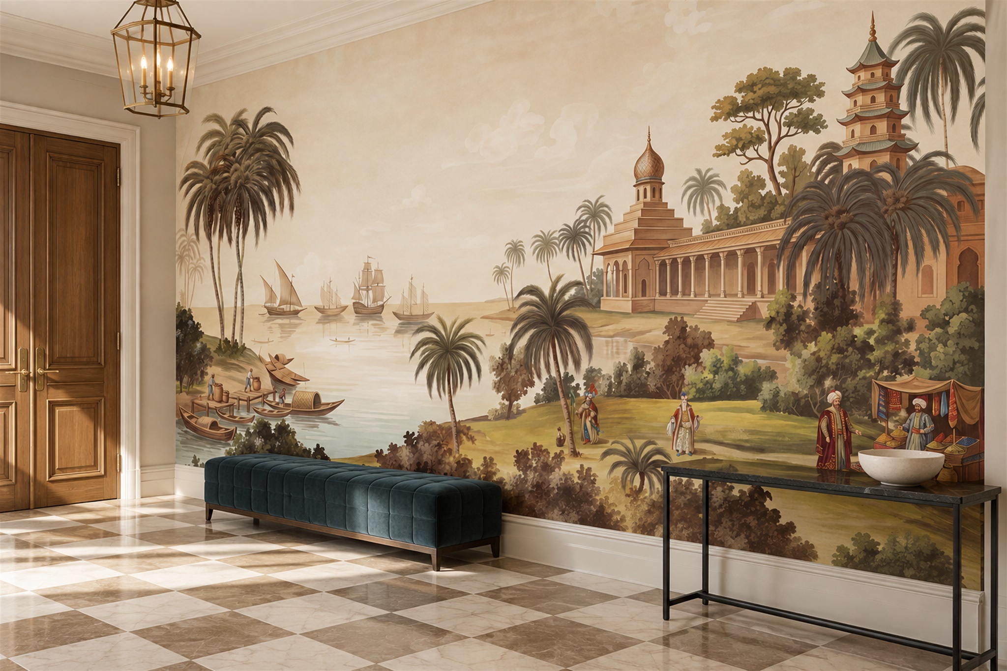 Sepia Palace Scenic Decorative Wallpaper Mural Entryway-wallpaper-murals, Peel-and-stick Finish