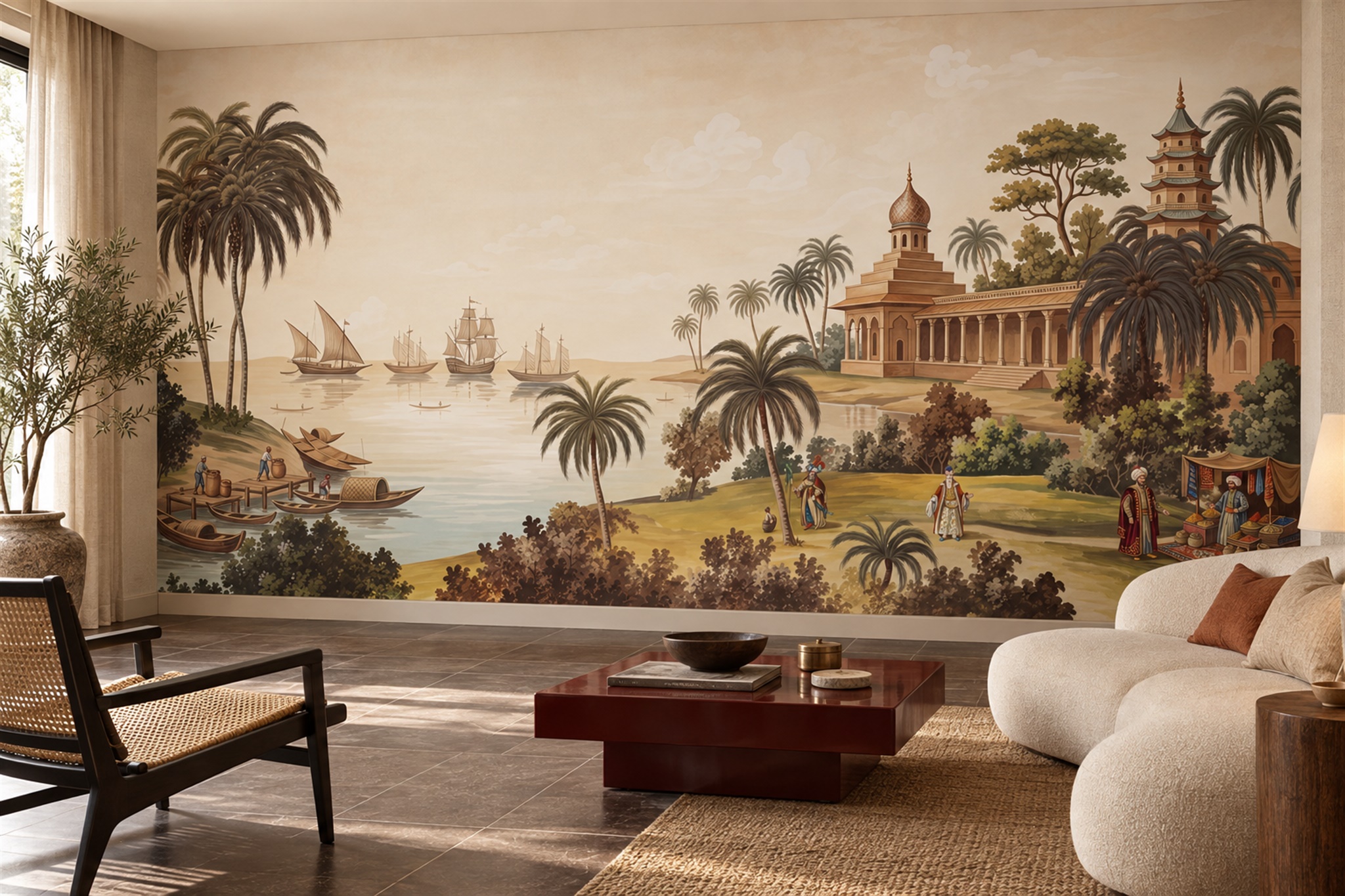 Sepia Palace Scenic Decorative Wallpaper Mural Accent-wall-wallpaper-murals, Peel-and-stick Finish
