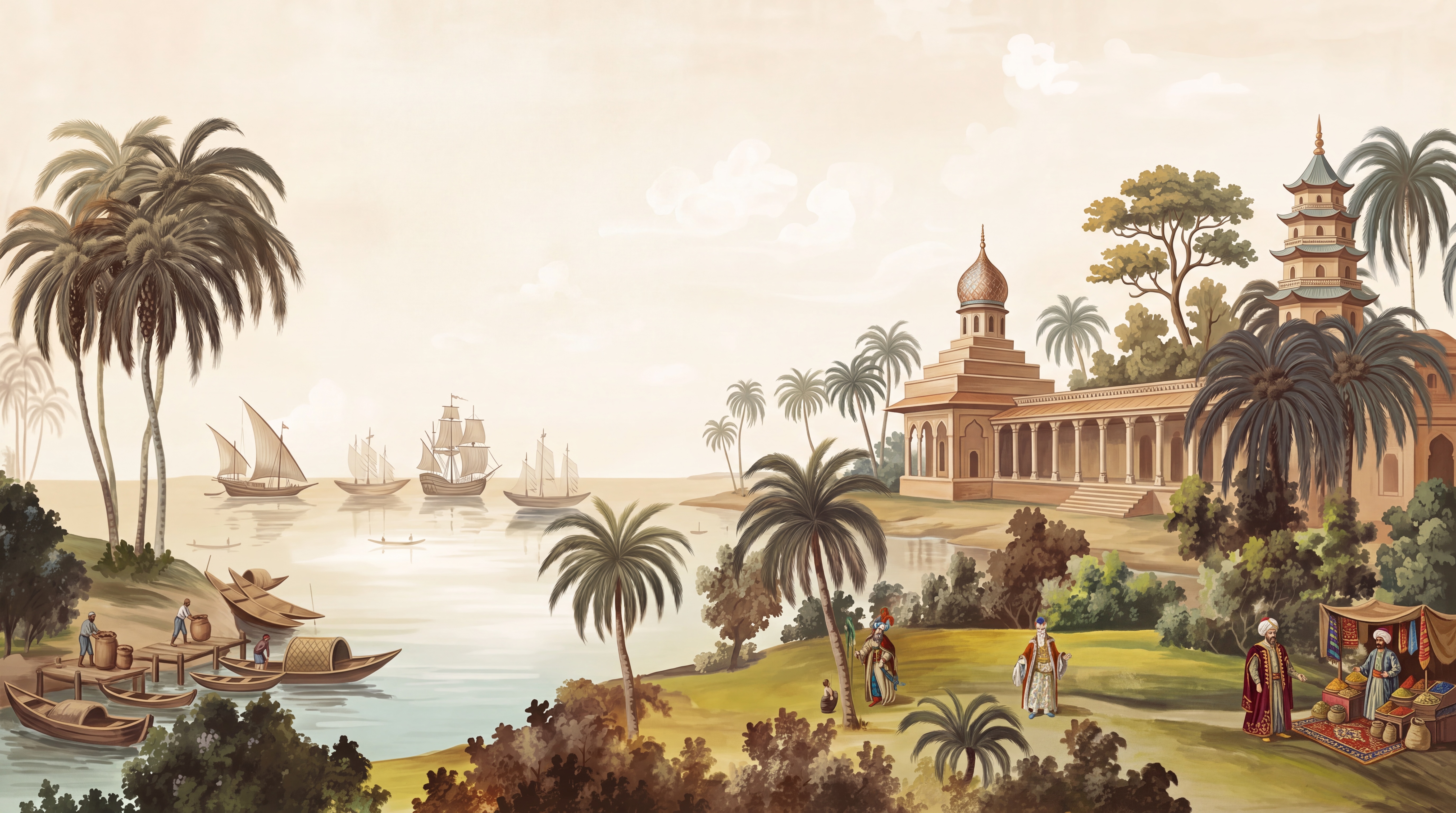 Sepia Palace Scenic Decorative Wallpaper Mural Accent-wall-wallpaper-murals, Peel-and-stick Finish