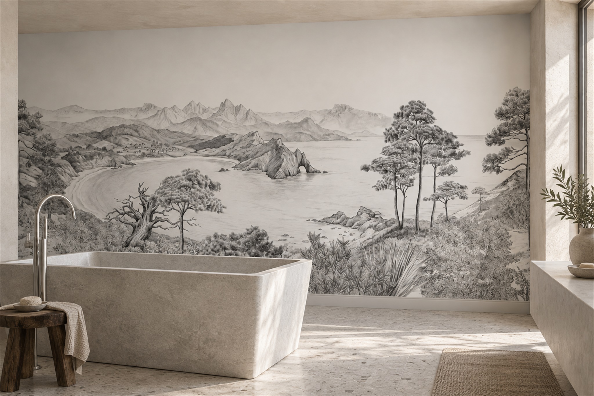 Grey Pattern Decorative Organic Wallpaper Mural Bathroom-wallpaper-murals, Peel-and-stick Finish
