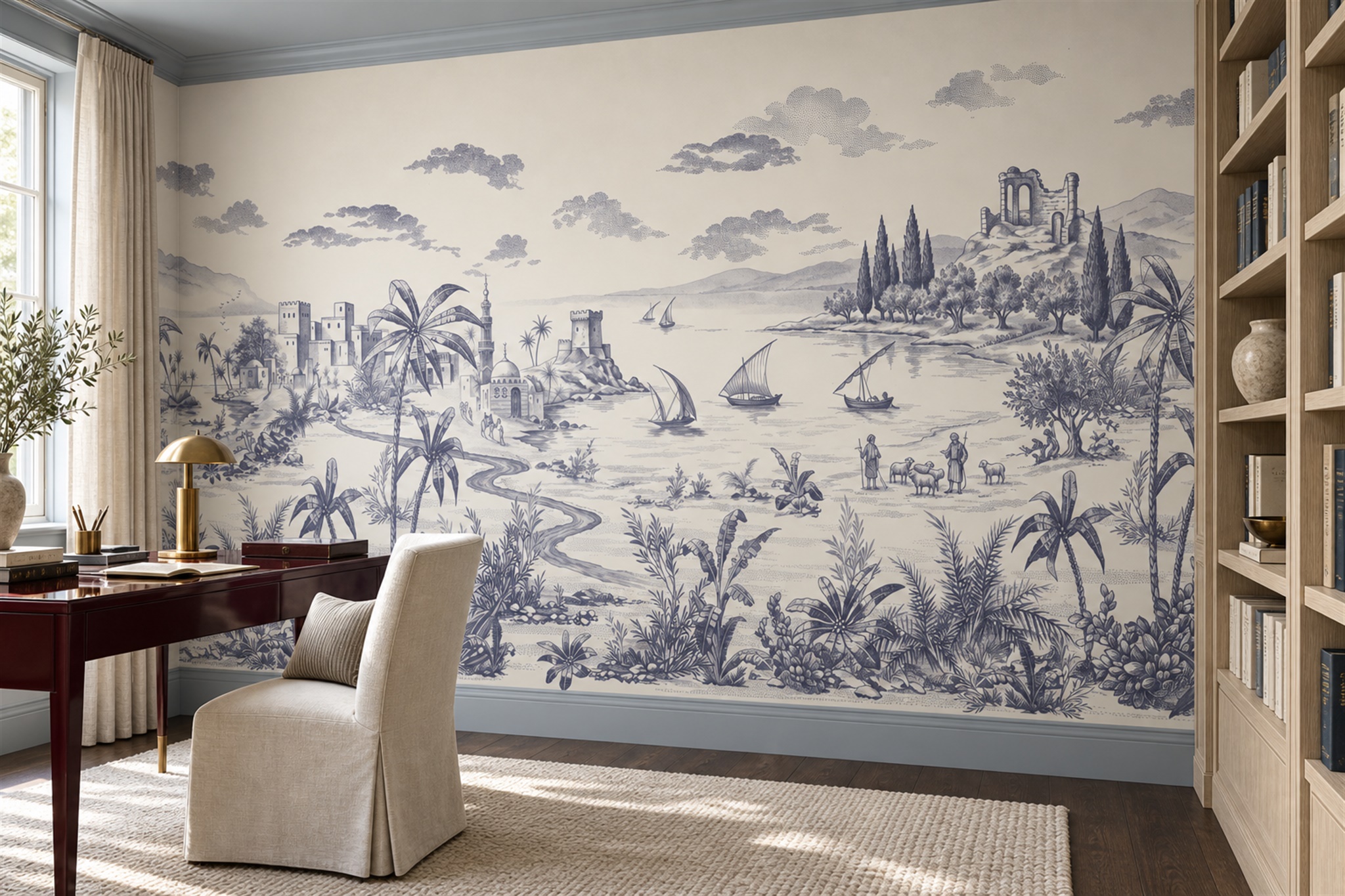 Lilac Toile Artful Wallpaper Mural Home-office-wallpaper-murals, Shown In A Home Office, Peel-and-stick Finish