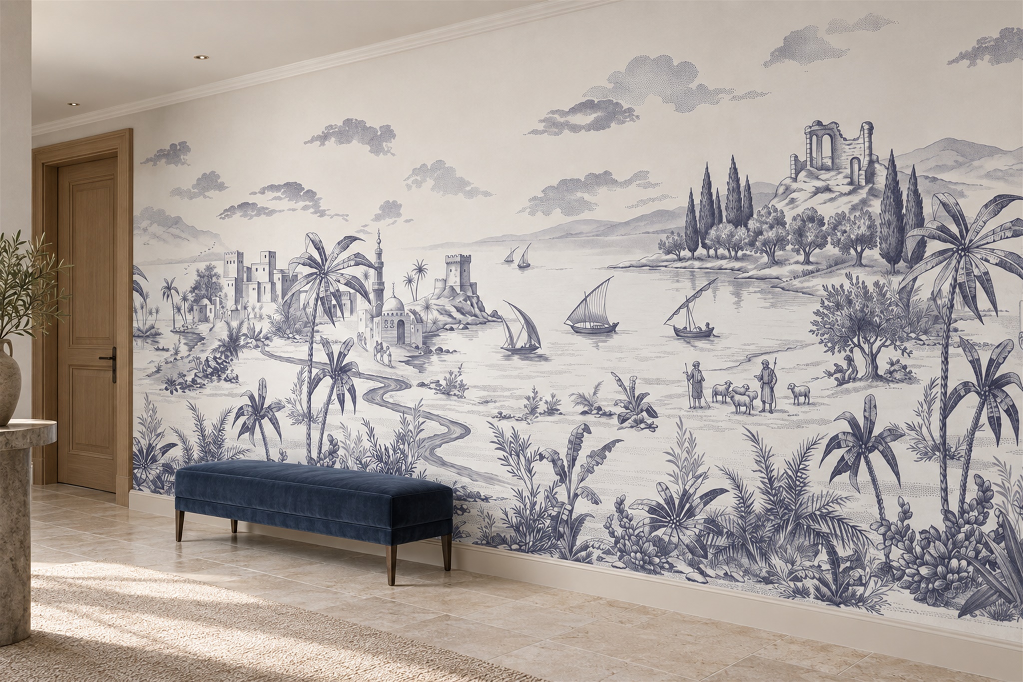 Lilac Toile Artful Wallpaper Mural Hallway-wallpaper-murals, Peel-and-stick Finish