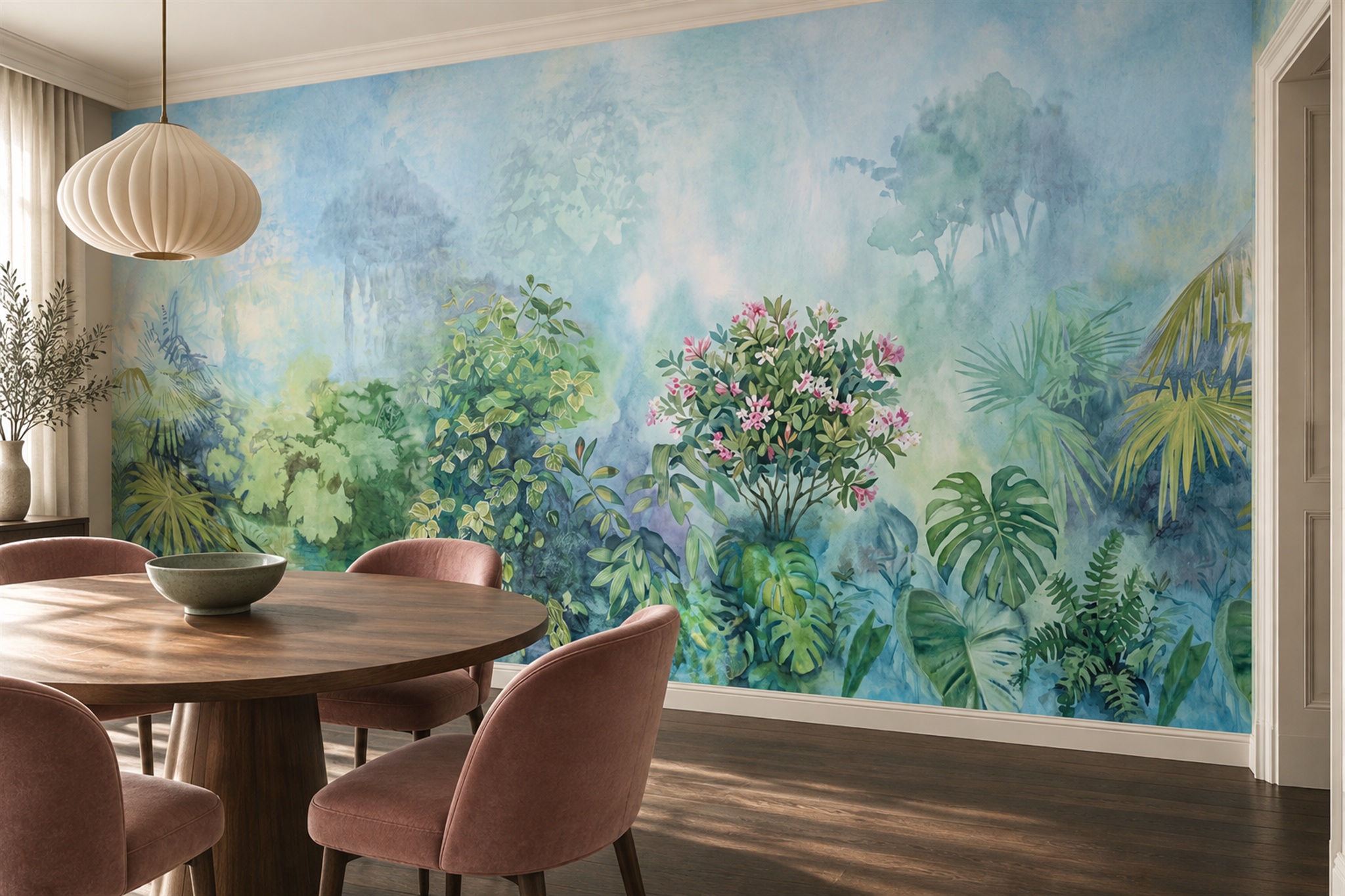 Aqua Jungle Scenic Wallpaper Mural Dining-room-wallpaper-murals, Shown In A Dining Room, Peel-and-stick Finish