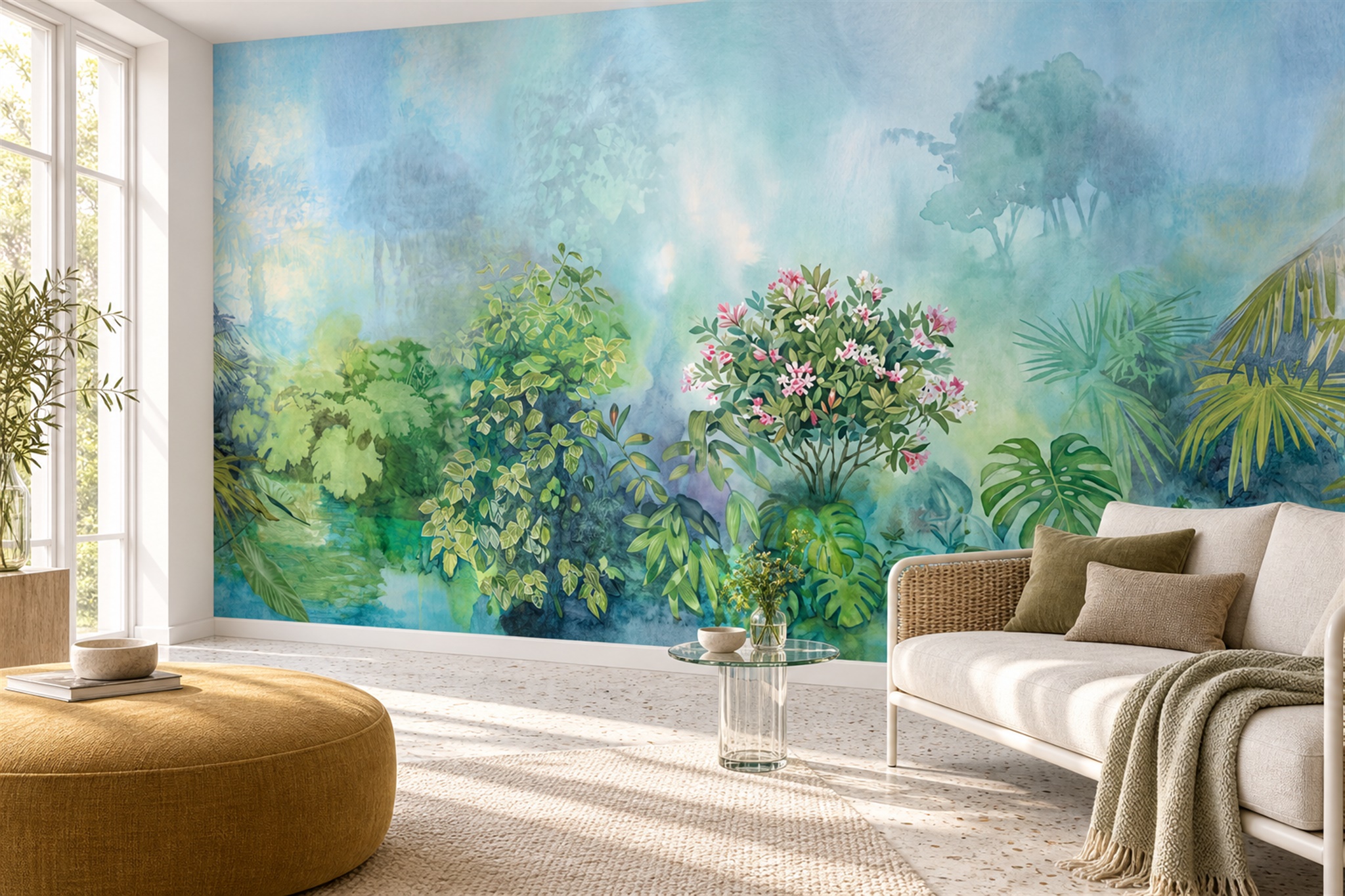 Aqua Jungle Scenic Wallpaper Mural Feature-wall-wallpaper-murals, Peel-and-stick Finish
