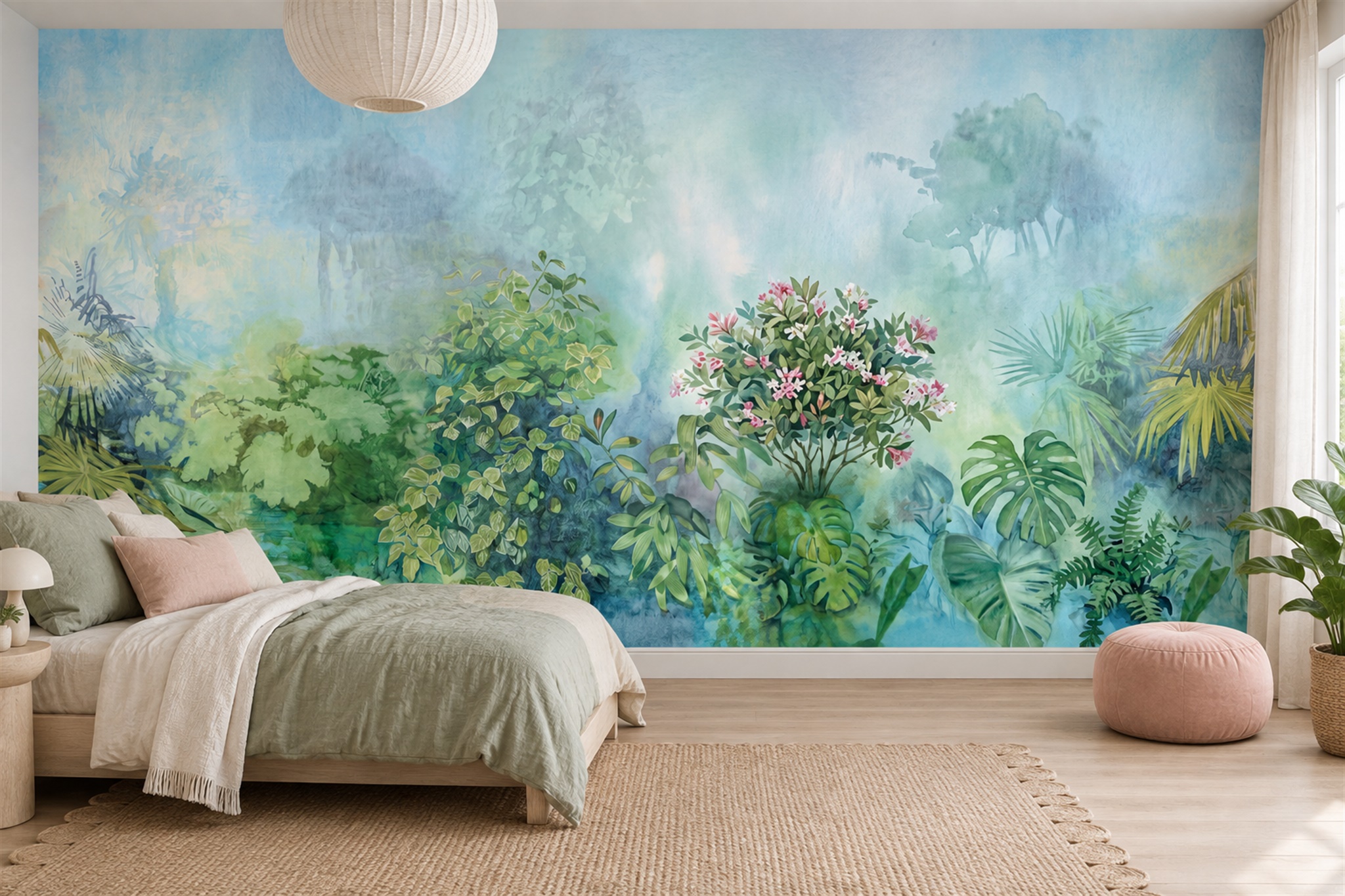 Aqua Jungle Scenic Wallpaper Mural Feature-wall-wallpaper-murals, Peel-and-stick Finish