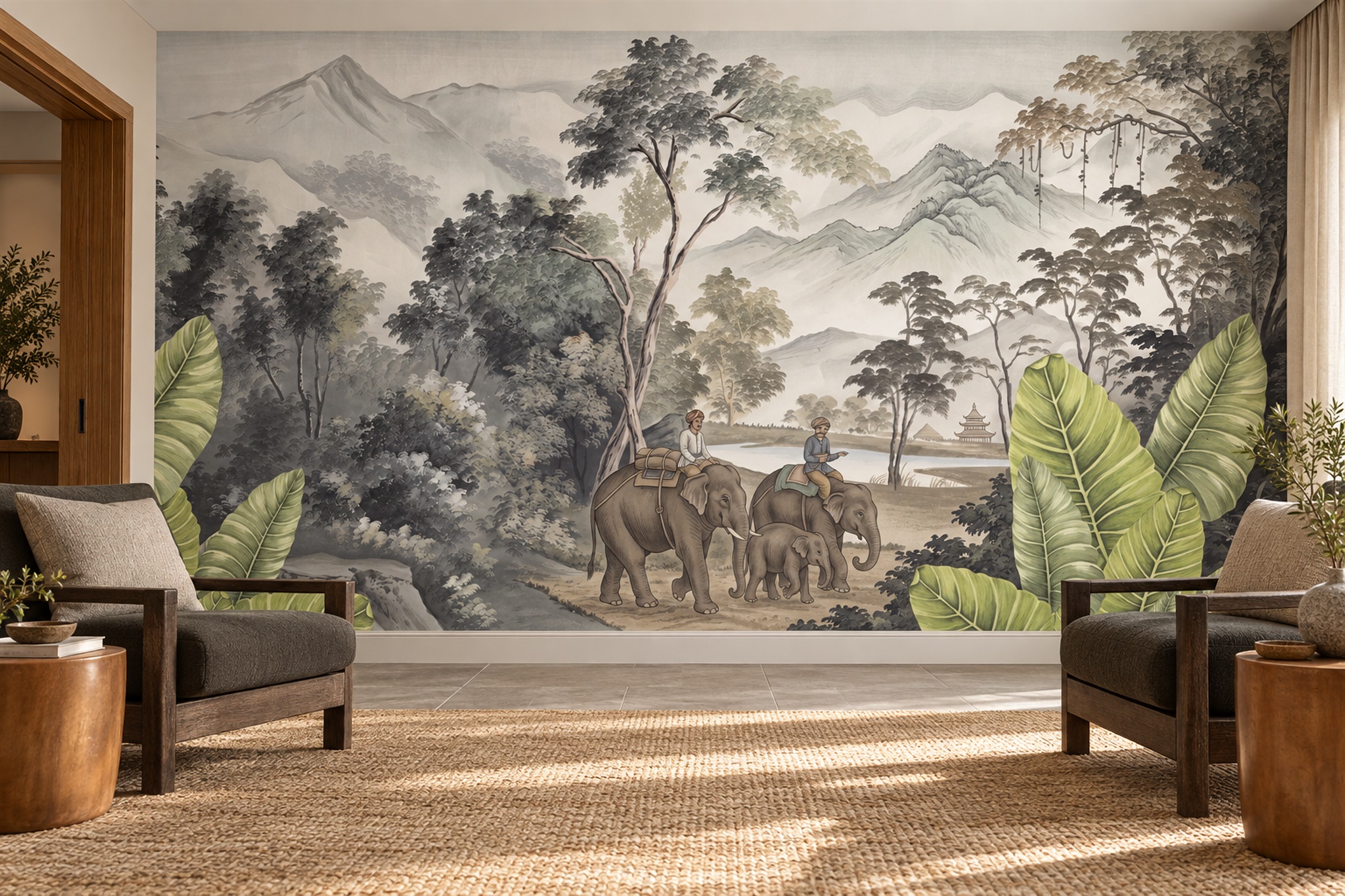 Elephant Family In Misty Mountain Pagoda Landscape Wallpaper Mural — Wallpaper Mural Design, Peel-and-stick Finish