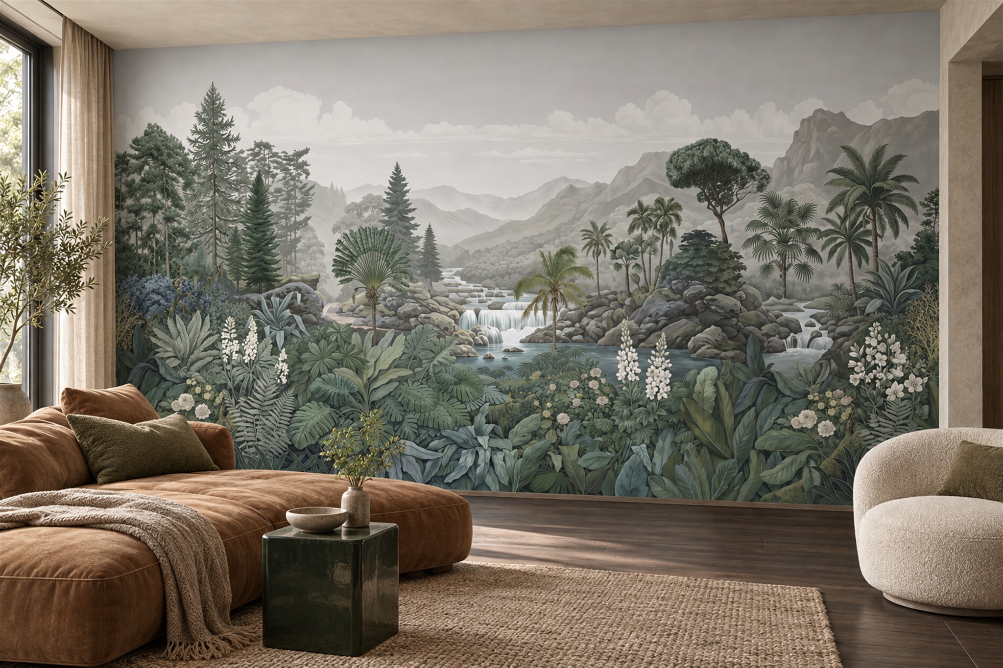 Misty Mountain Waterfall And Tropical Forest Wallpaper Mural — Wallpaper Mural Design, Peel-and-stick Finish
