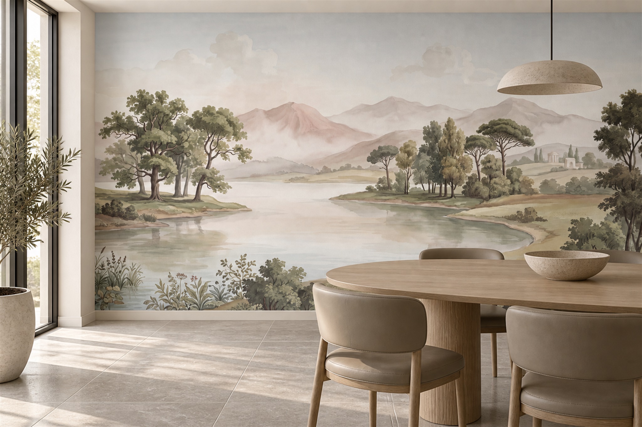 Beige Lake Scenic Wallpaper Mural Dining-room-wallpaper-murals, Shown In A Dining Room, Peel-and-stick Finish
