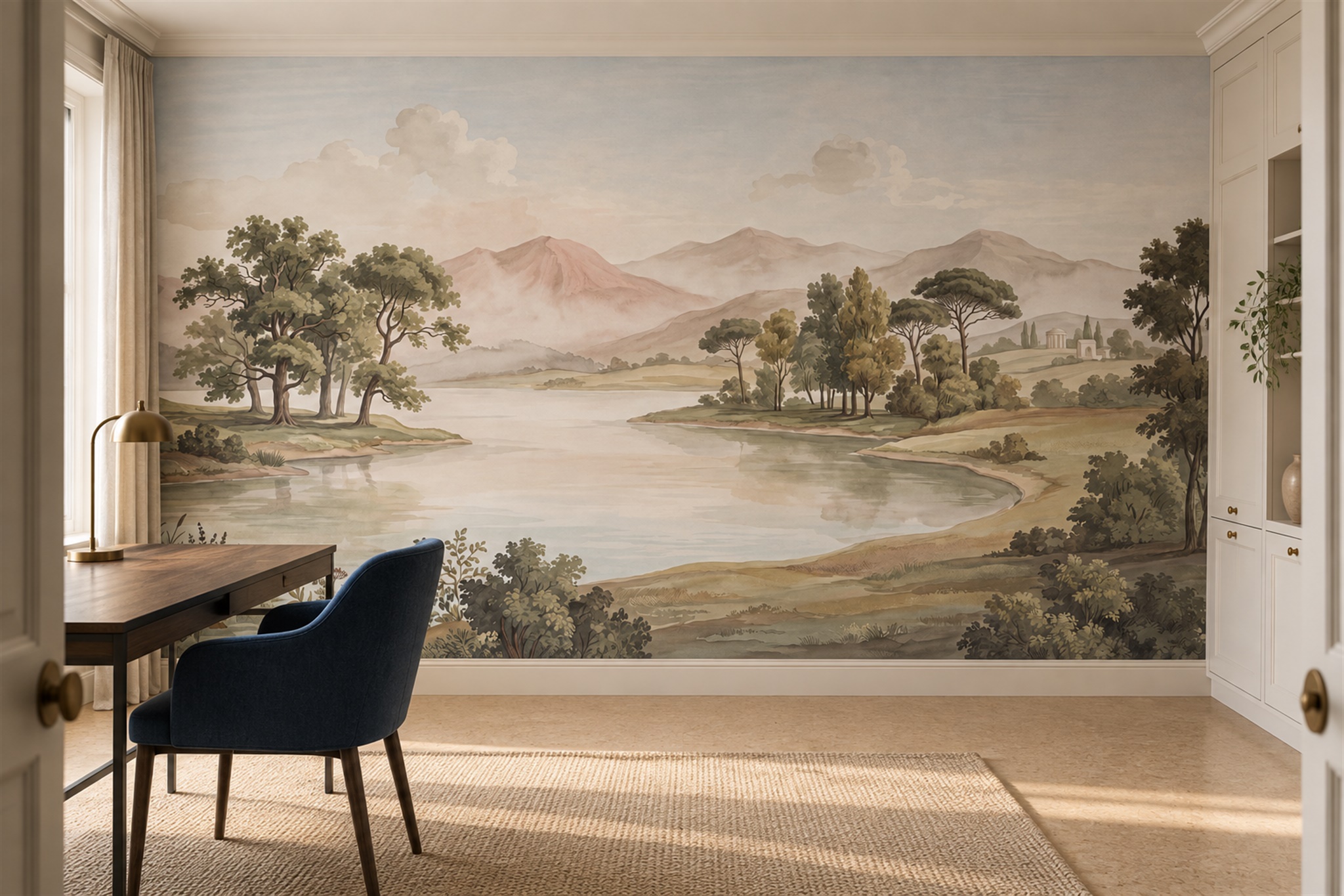 Beige Lake Scenic Wallpaper Mural Accent-wall-wallpaper-murals, Peel-and-stick Finish