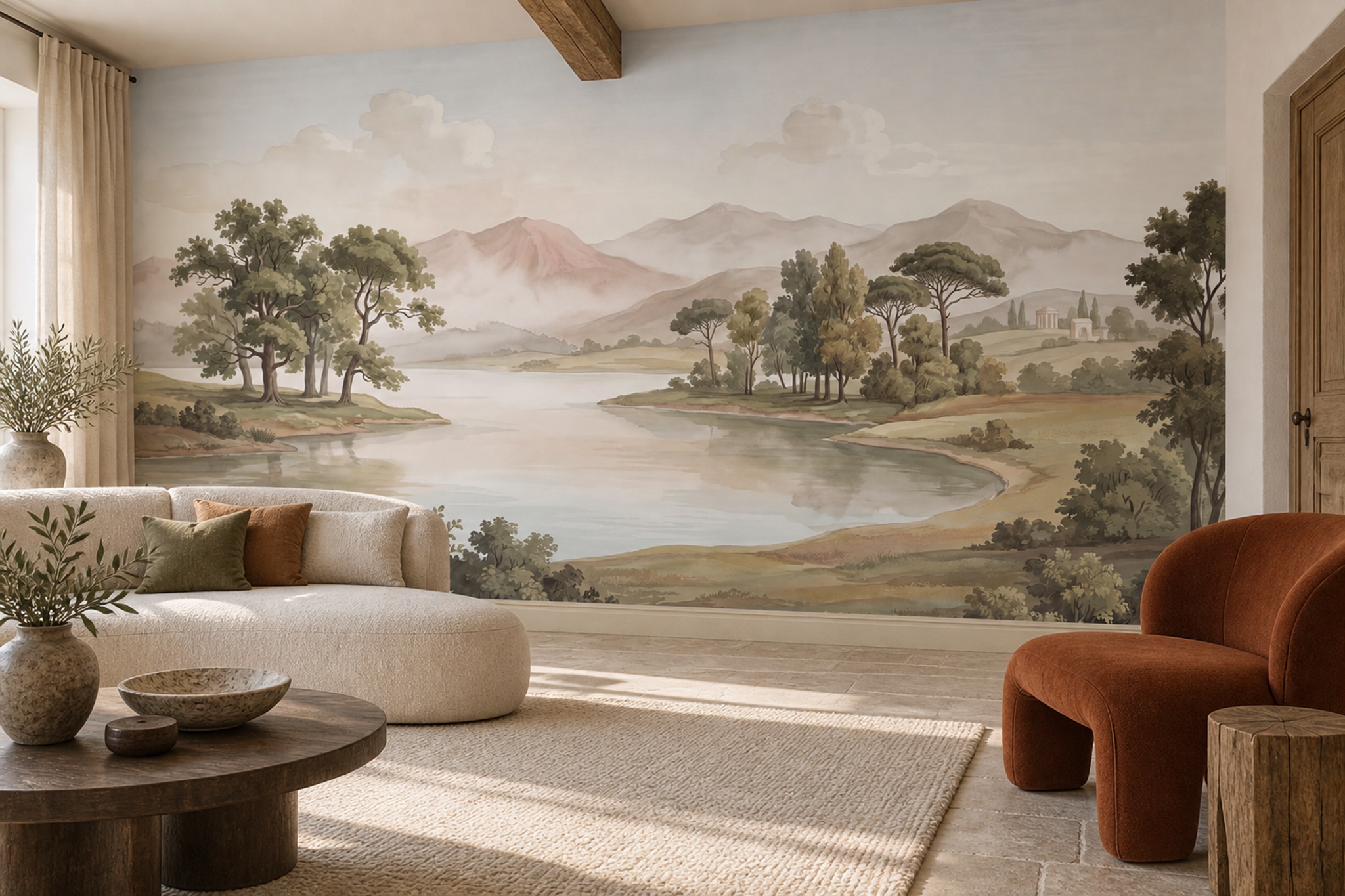 Watercolour Mountain Lake And Tree-lined Shores Wallpaper Mural — Wallpaper Mural Design, Peel-and-stick Finish