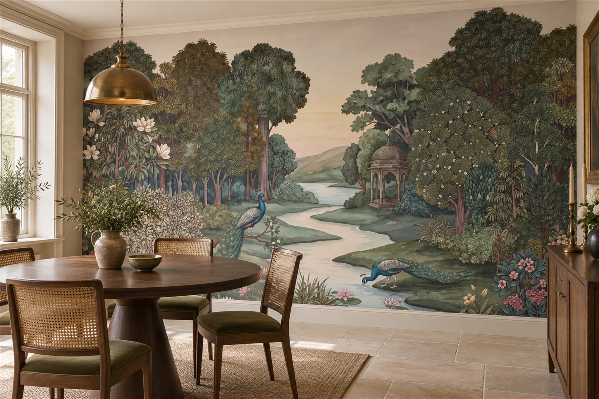 Peacocks In A Lush Riverside Garden Wallpaper Mural — Wallpaper Mural Design, Peel-and-stick Finish