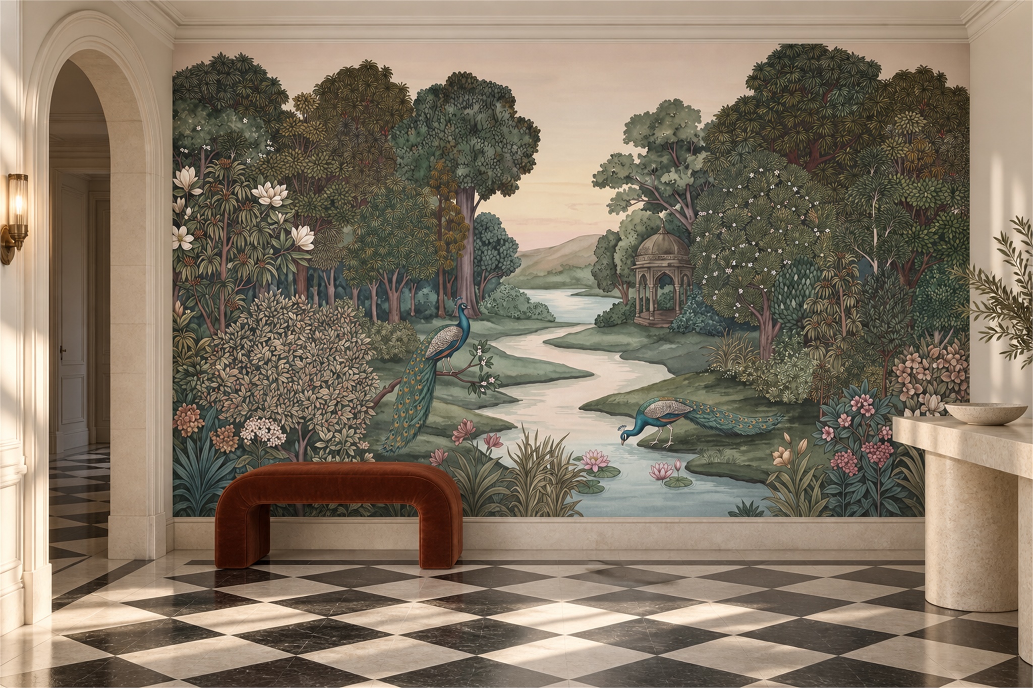 Green Peacock Illustrated Decorative Wallpaper Mural Entryway-wallpaper-murals, Peel-and-stick Finish