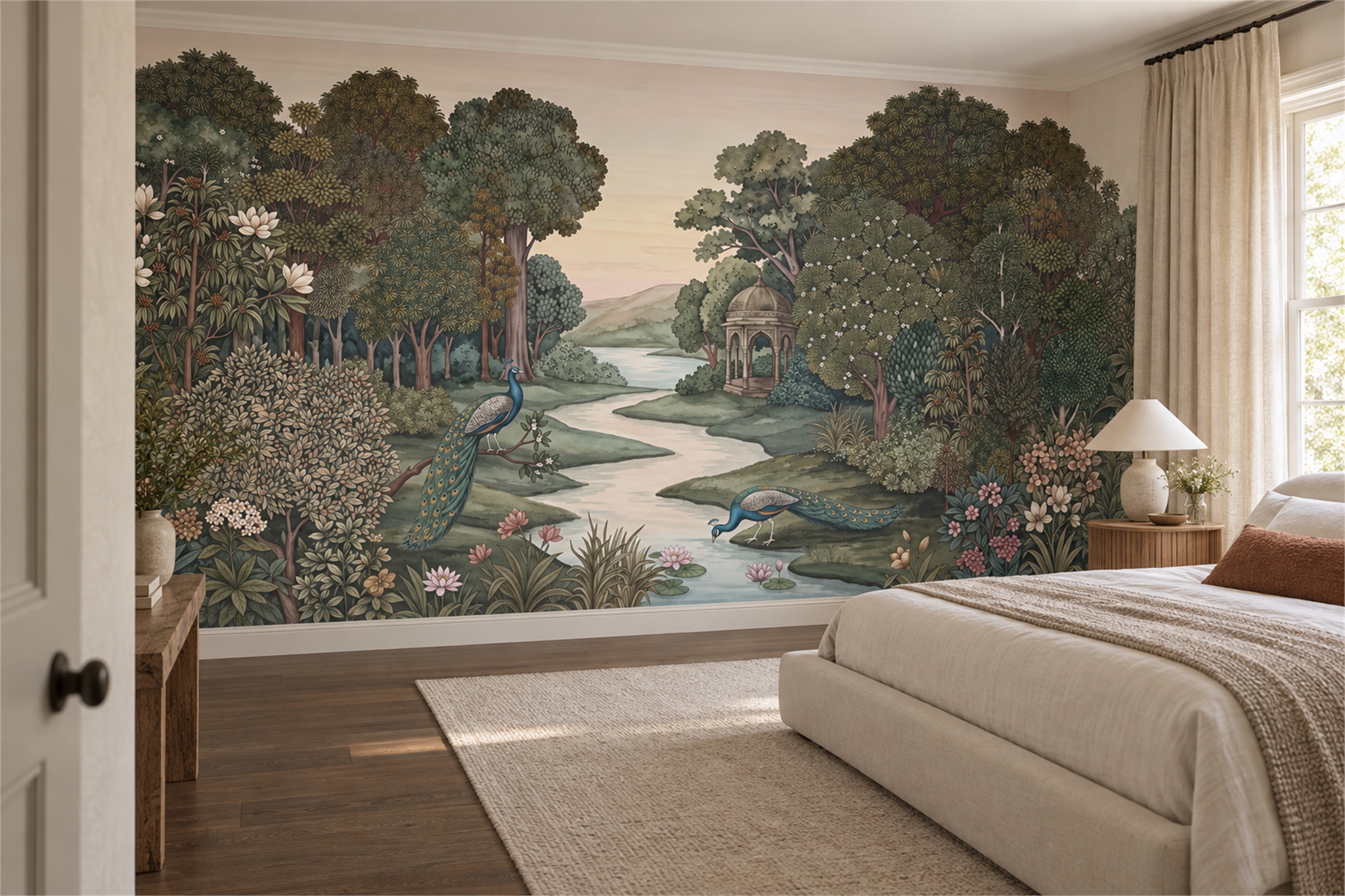 Green Peacock Illustrated Decorative Wallpaper Mural Bedroom-wallpaper-murals, Peel-and-stick Finish