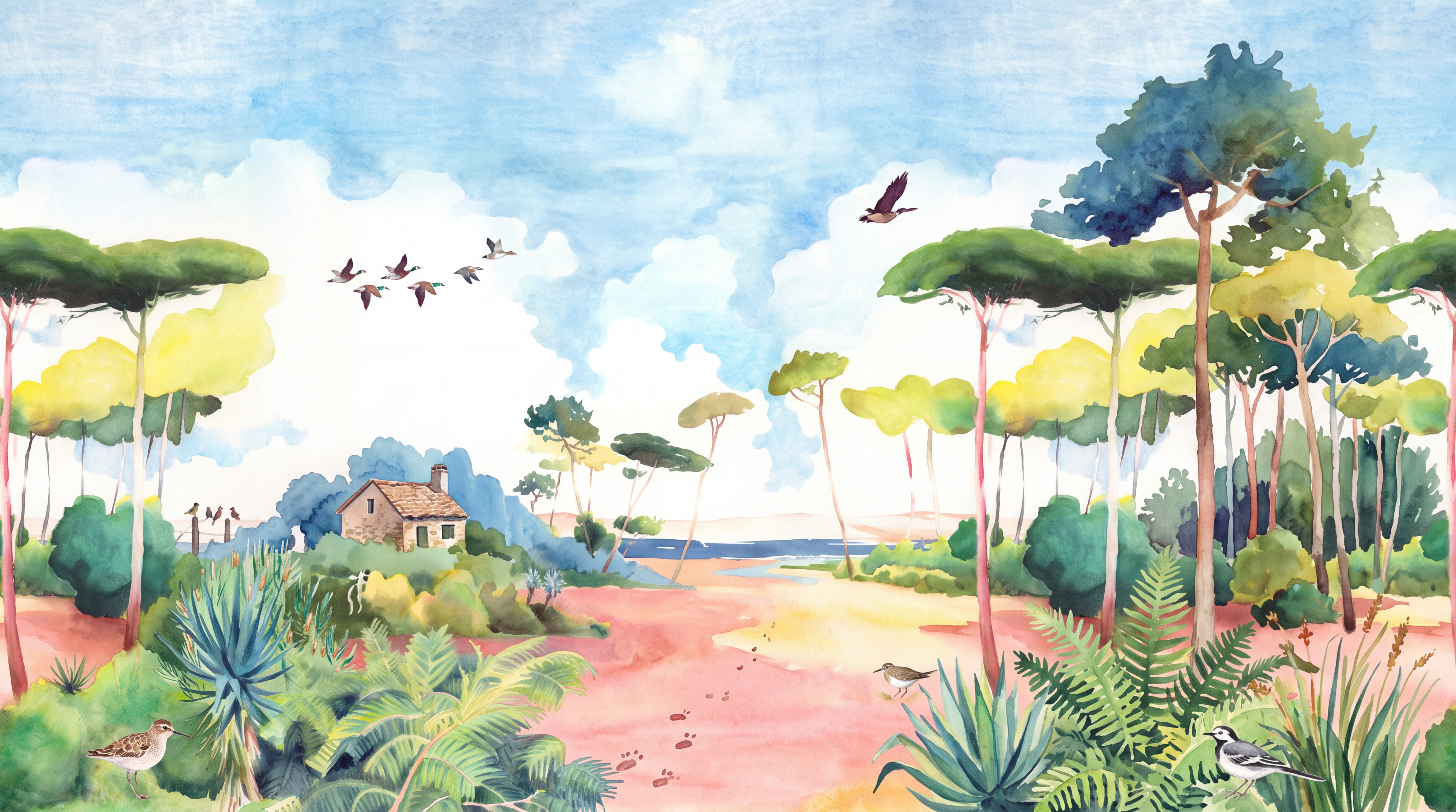 Pink Landscape Scenic Wallpaper Mural, Peel-and-stick Finish