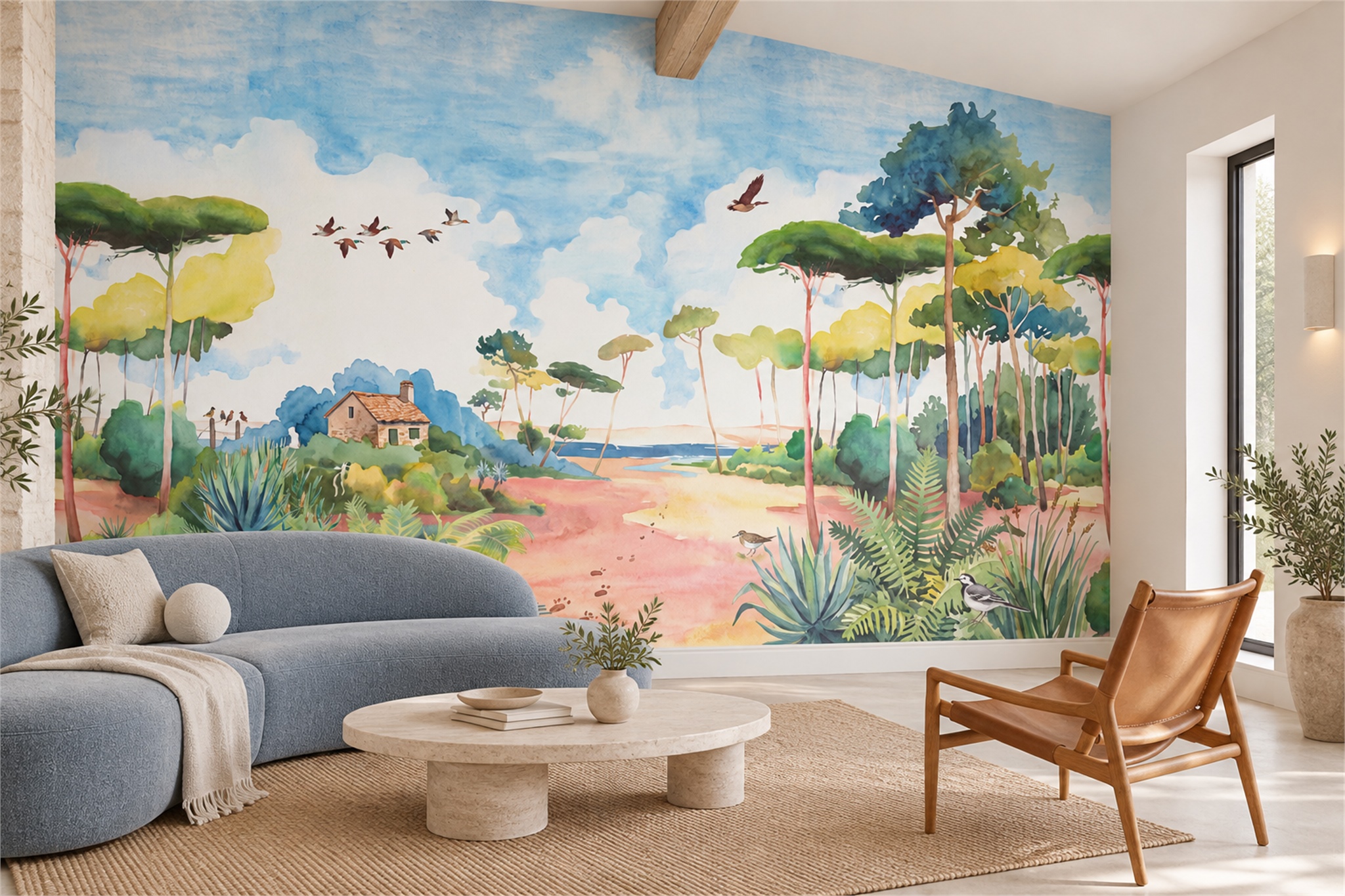 Pastel Coastal Path With Birds And Wild Plants Wallpaper Mural — Wallpaper Mural Design, Peel-and-stick Finish