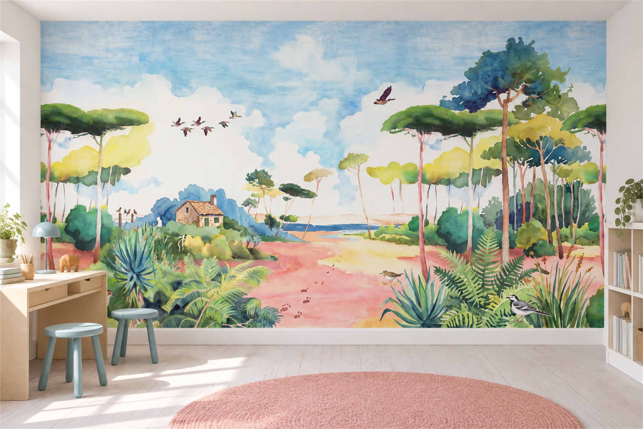 Pink Landscape Scenic Wallpaper Mural Home-office-wallpaper-murals, Shown In A Home Office, Peel-and-stick Finish
