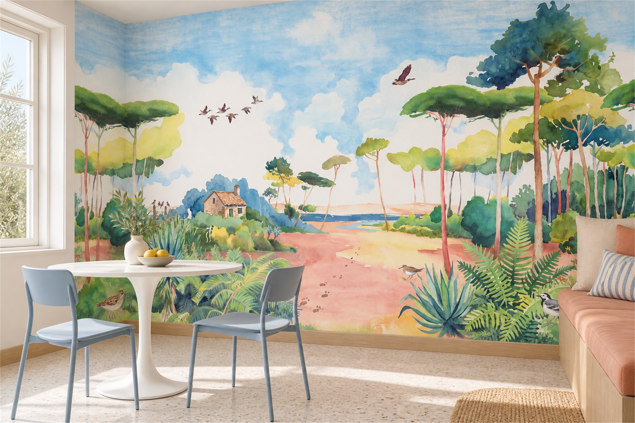 Pink Landscape Scenic Wallpaper Mural Living-room-wallpaper-murals, Peel-and-stick Finish